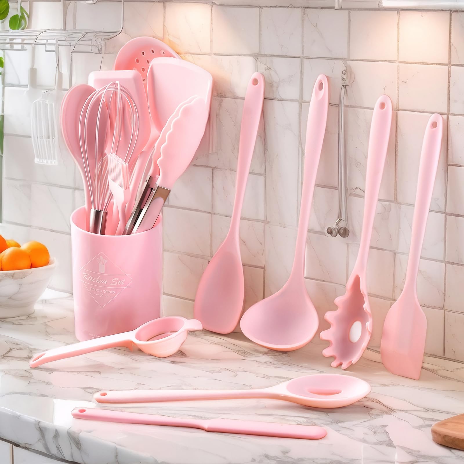 Silicone Kitchen Utensils Set - 15 Pieces Non Toxic Silicone Utensils Set For Cooking?428°F Heat Resistant Food Grade Kitchen Tools?Dishwasher Safe (Pink, 15 Piece Set)