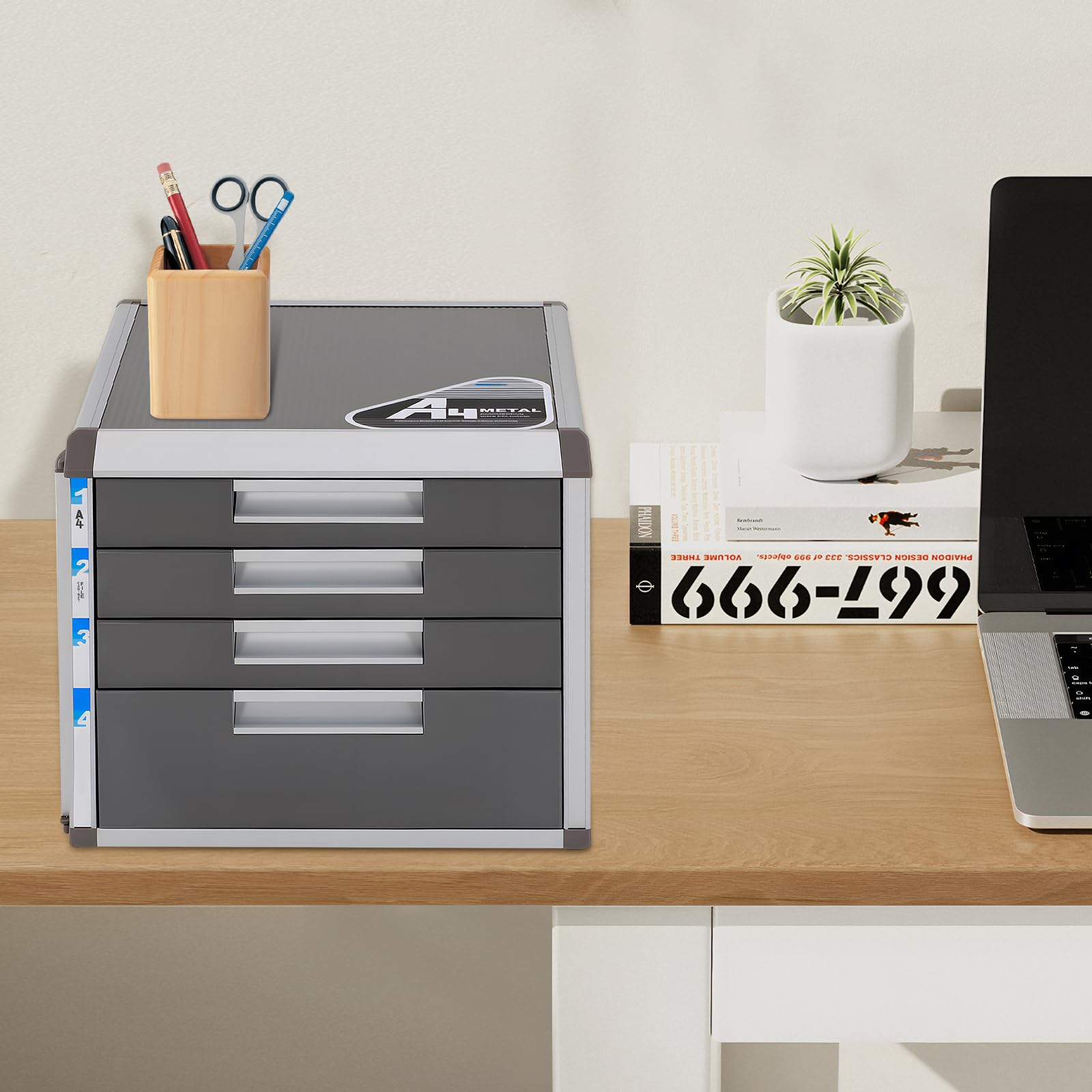 Büroschrank 31,5x35x29,8cm für Büro Aktenschrank mit Schloss | ablagebox mit schubladen mit 180° klappbarem Seitenschild, 2 Schlüsseln, ergonomischen Griffen, 4 Schubladen, staubdicht
