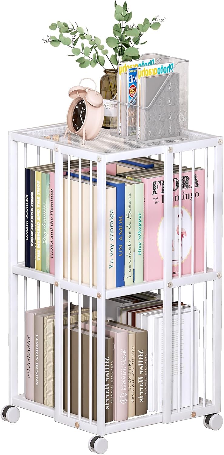 Huhote Rotating Bookcase White 2 Tiers Metal Bookshelf, 360°Cubic Bookshelf for Small Space with Storage and Creative Multi-Layer Shelves,Magazine&Books for Bedroom Living Room Study and Office