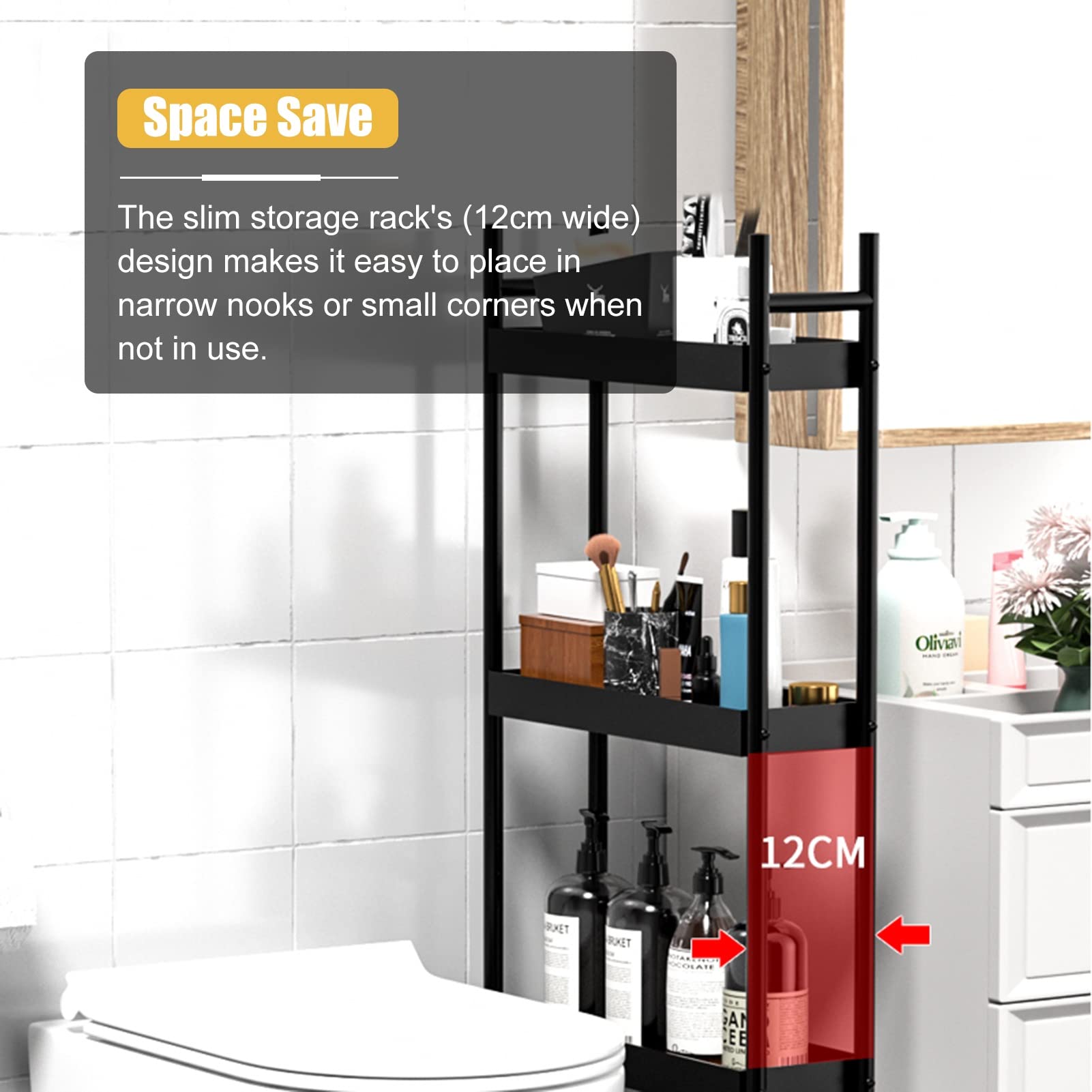 Carrello Cucina Bagno Carrellino Salvaspazio Carrello Portaoggetti Sottile Extra Alto Per Cucina Bagno, Carrello Di Stoccaggio A Rotelle Largo 12,5 Cm Con Ruote, Scaffali Stretti In Piedi Neri Carrell