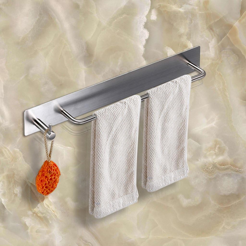 Sumnacon Towel Bar Rack with Hook, 13.38 Inch 3M Self Adhesive Stainless Steel Towel Holder Organizer for Bathroom Kitchen Bedroom, Brushed Finish (Towel Rack with Hook)