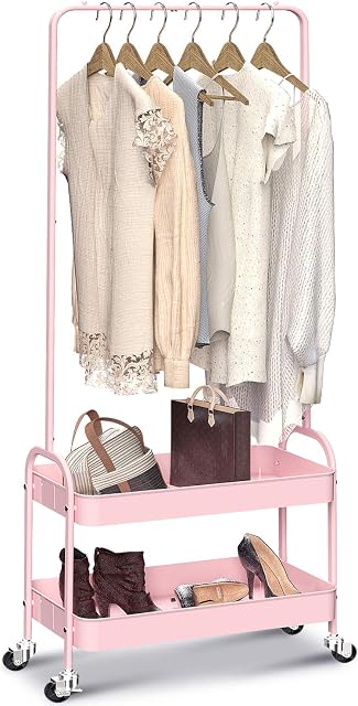 KINGRACK Metal Clothes Rack,Garment Rack Storage Trolley Rolling Cart Freestanding,Clothing Rail on Wheels,Heavy Duty Clothing Rack,Coat Rail Display Stand Cloth Hanger With 2 Tier Storage Shelf Pink