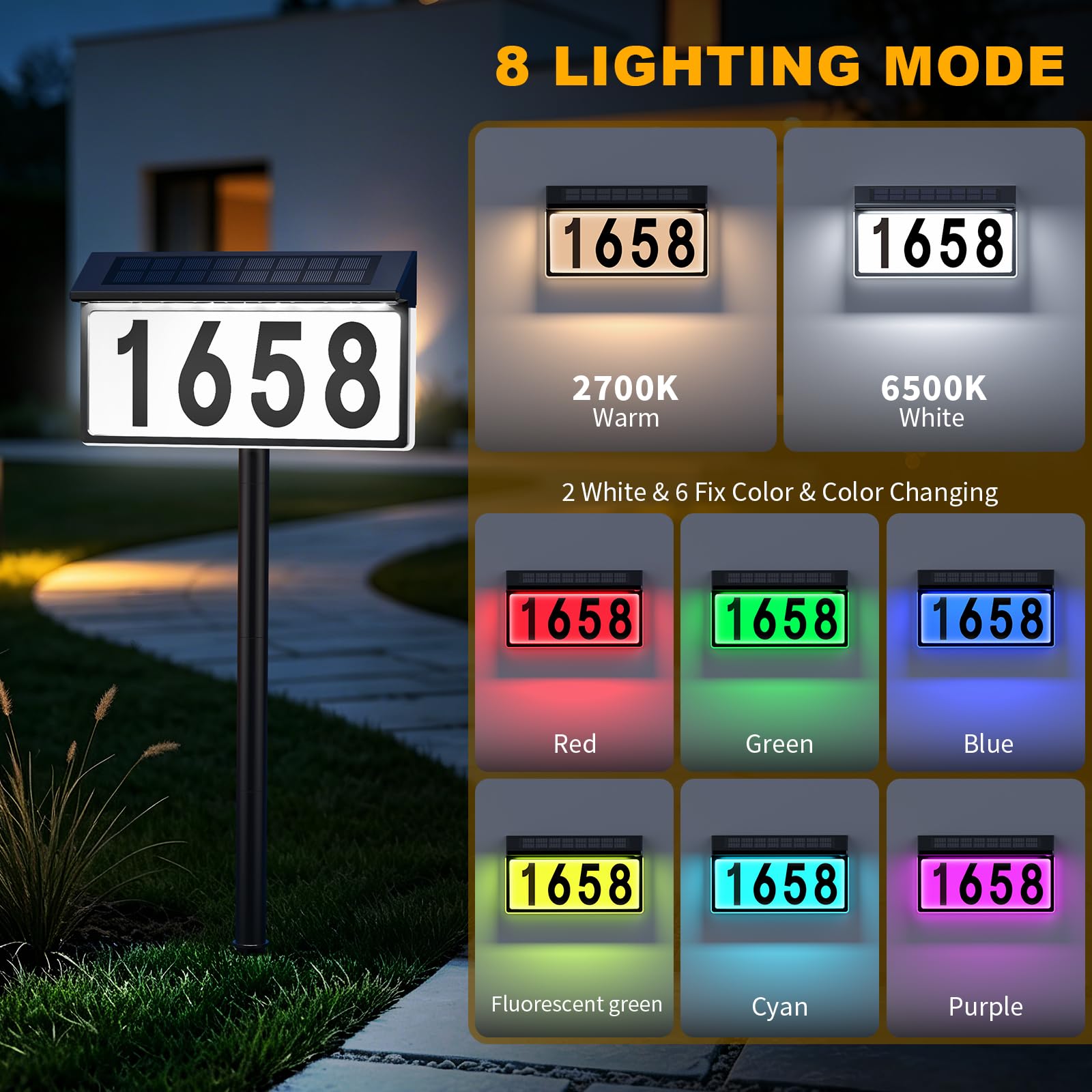 Solar-Adressschild, solarbeleuchtete Hausnummern für draußen, 8 Beleuchtungsmodi, RGB-Farbwechsel, wasserdicht, beleuchtet, Hausnummernschild mit Pfahl, Wandmontage oder im Boden, Solar-Adressnummern