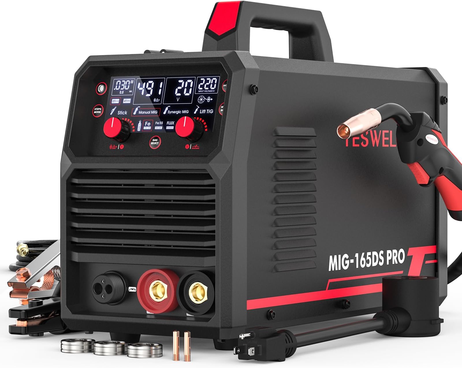 YESWELDER 165A MIG Welder, Flux Core MIG/Gas MIG/Lift TIG/Stick 4 in 1 Multi-Process Welding Machine, LED Digital Display Synergic Control 110V/220V Dual Voltage MIG-165DS PRO