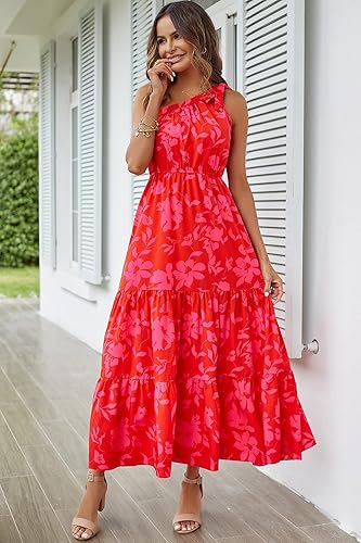 Vista 7 de PRETTYGARDEN Vestido maxi de verano con un hombro floral para mujer, con nudo, dobladillo, estilo bohemio, para la playa, de vacaciones