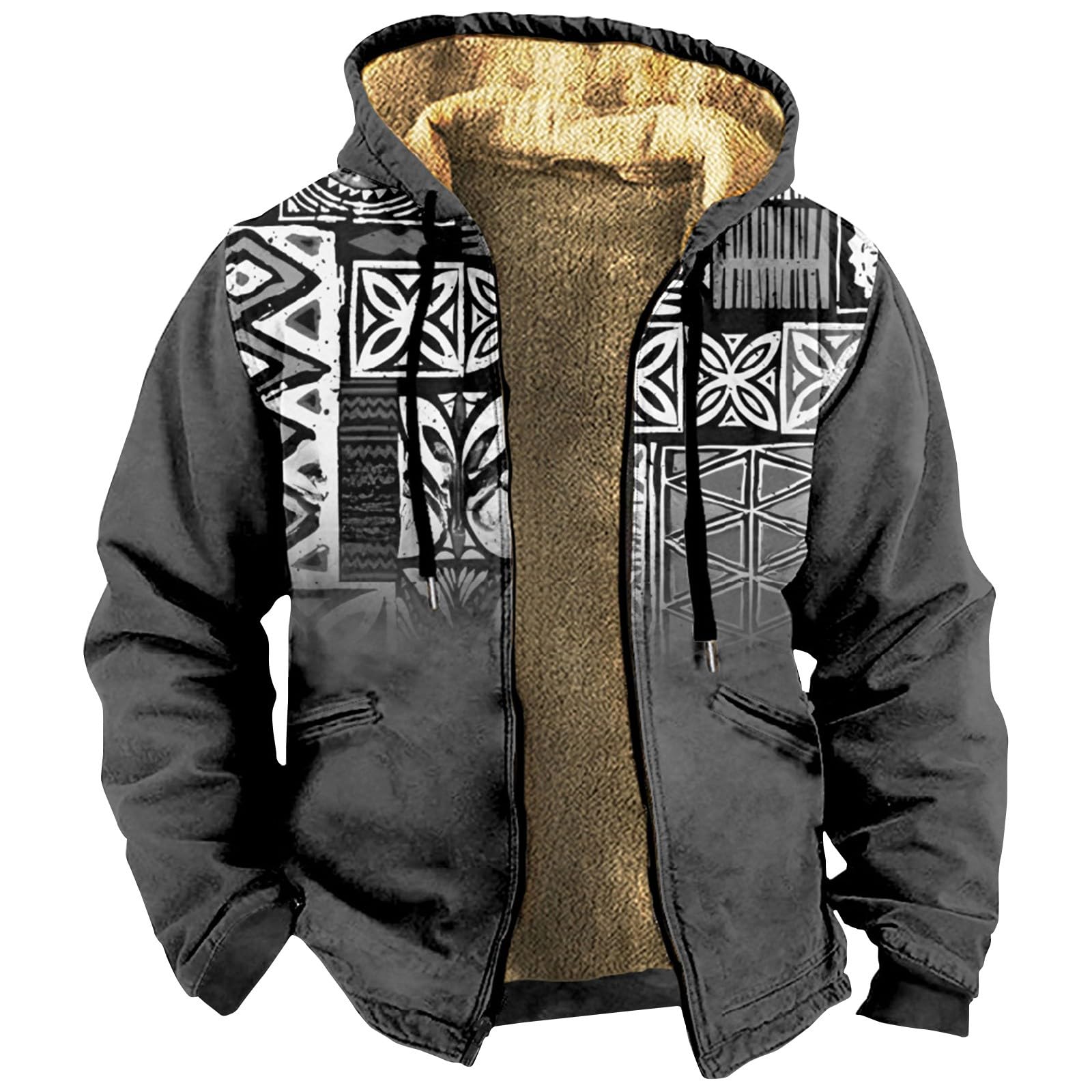 Retro Ethnic Graphic Hoodies Heavyweight Sherpa Fleece Lined Jackets Big  Tall Zip Up Sweatshirts For Men With Hood