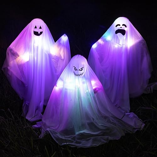 Huwena 3 estacas de fantasma de Halloween para patio con tela embrujada iluminada, estacas de fantasmas, decoración de patio con luces LED para