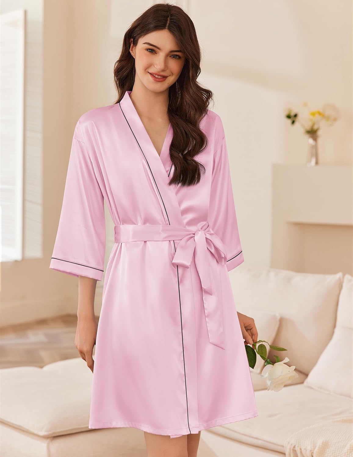 Ekouaer Women Satin Robe Set 2 Piece Silky Nightgown with Robes Bride Bridesmaid Bathrobe Sexy Sleepwear with Pockets - Image 2