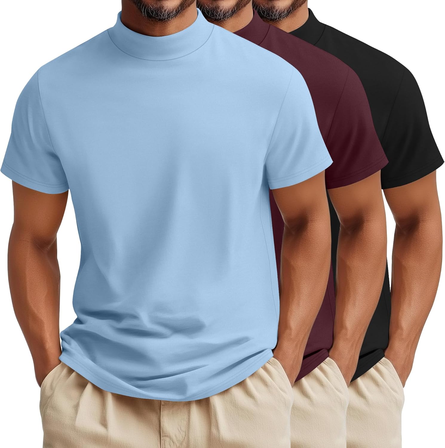 August Alley 3 Pack Mens Mock Neck T Shirts Short Sleeve Mock Neck Undershirt Pullover Tops Summer Slim Fit Casual Basic Tees