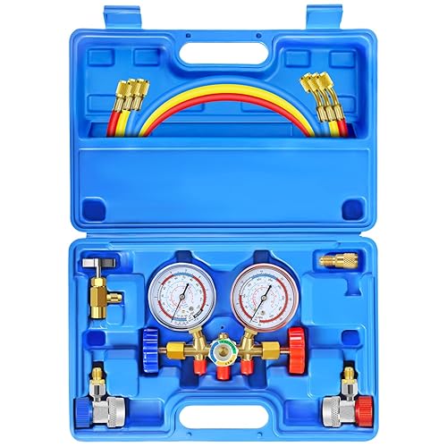 JIFETOR Juego de manómetros de 3 vías de CA, herramienta de carga de freón de diagnóstico HVAC para refrigerante R12 R22 R404A R134A, con manguera