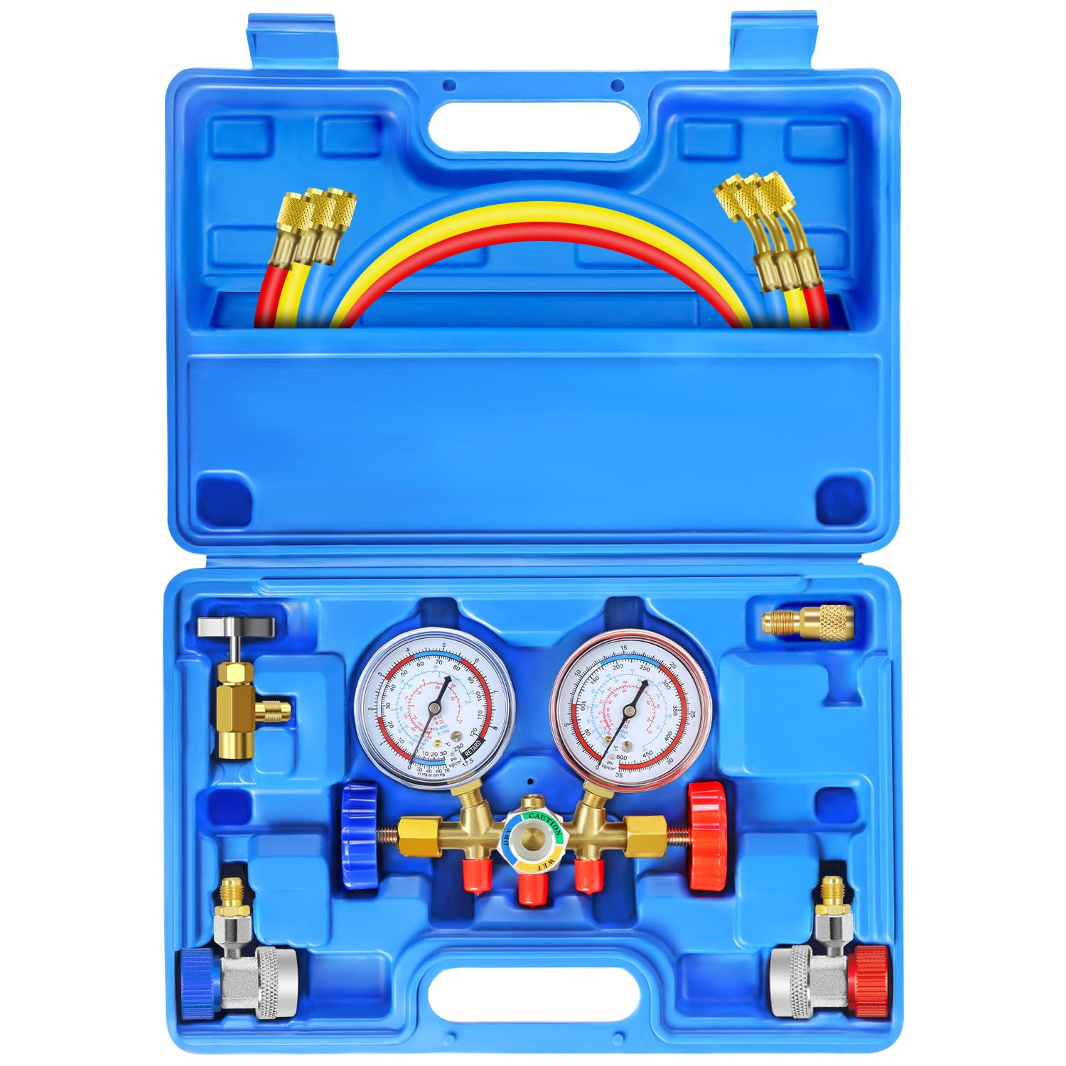 JIFETOR 3 Way AC Manifold Gauge Set, HVAC Diagnostic Freon Charging Tool for Auto Household R12 R22 R404A R134A Refrigerant, with 5FT Hose, Adjustable Quick Coupler, Can Tap and Acme Adapter