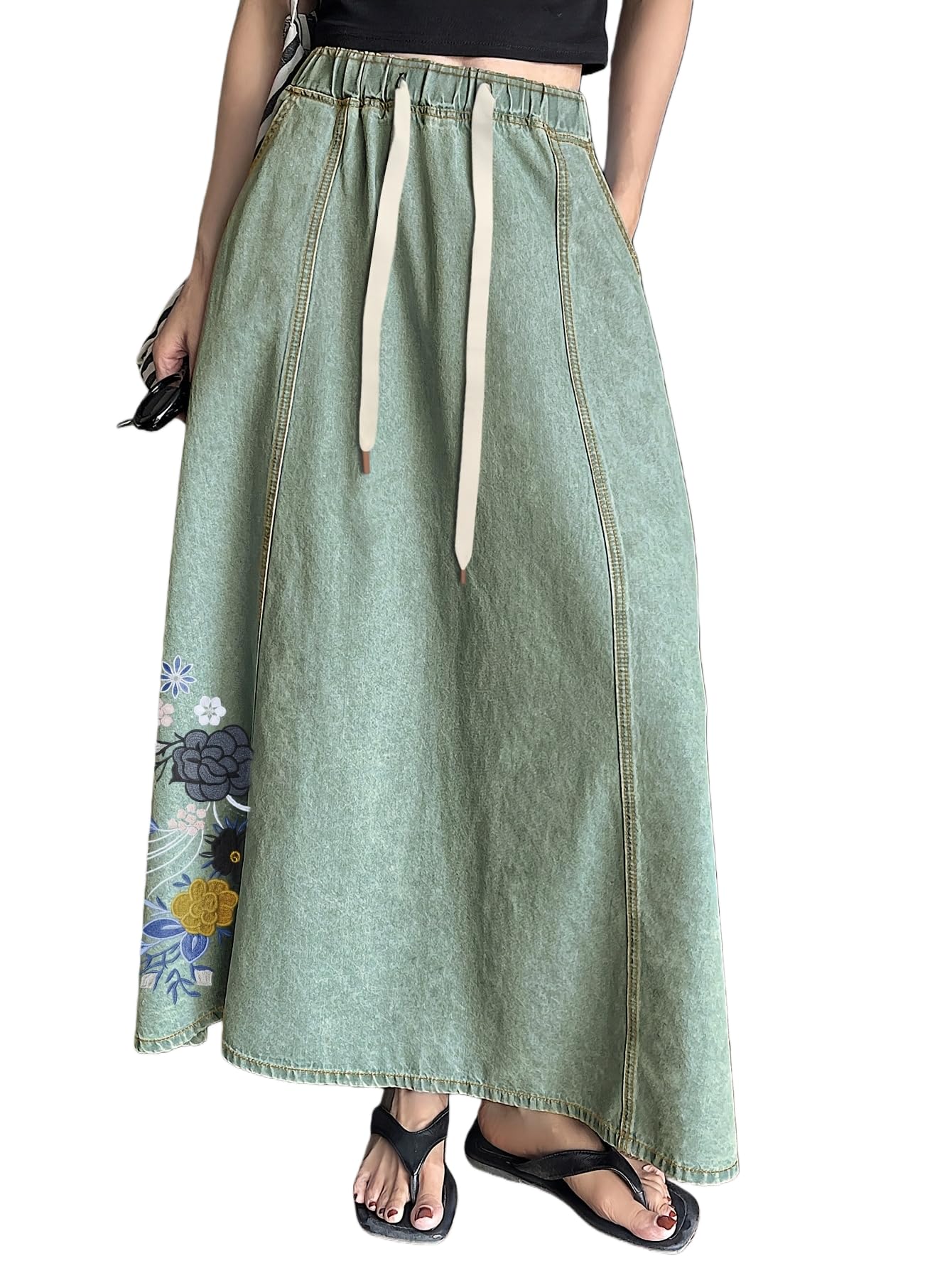 Women Drawstring A Line Long Flowy Denim Skirt Embroidered high-Waisted Long Jean Skirts for Women