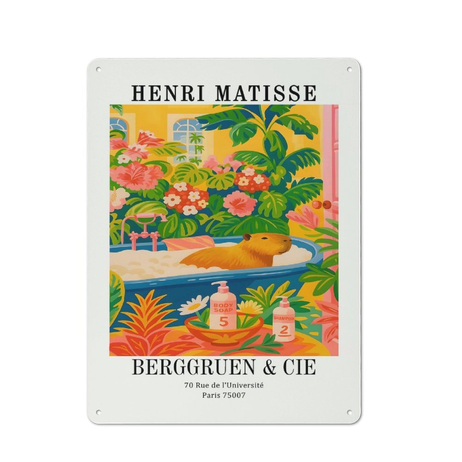 Junmoney Style-10 Tin Wall Plaque 40X30cm With Capybara In Bathtub Henri Matisse Style For Bar Or Restaurant, For Hospitality Decor Collectors