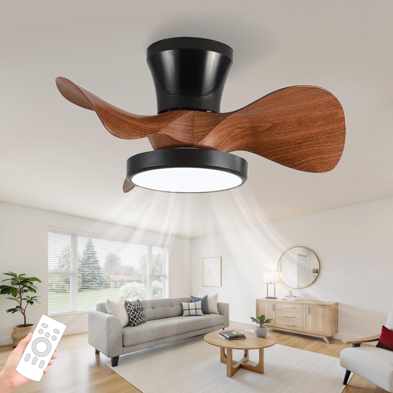 SXDMOUBK Black Fan Light Ceiling Small Bedroom Dimmable Memory Ceiling Fans with Lights and Remote Reversible Silent DC Motor Ceiling Light with Fan Modern LED Smart Timer Lounge-Black Walnut
