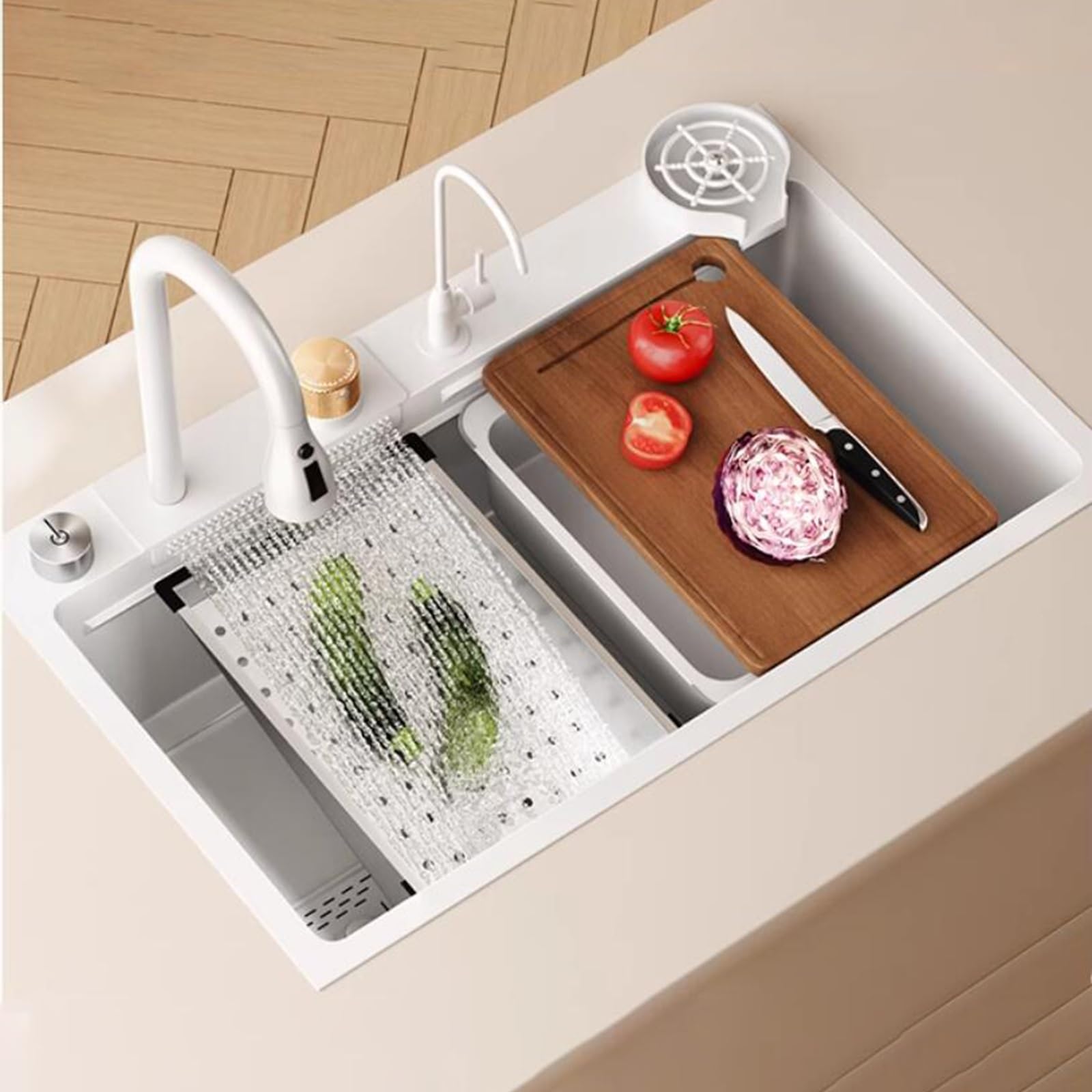Évier cuisine cascade blanc en acier inoxydable avec bac de lavage