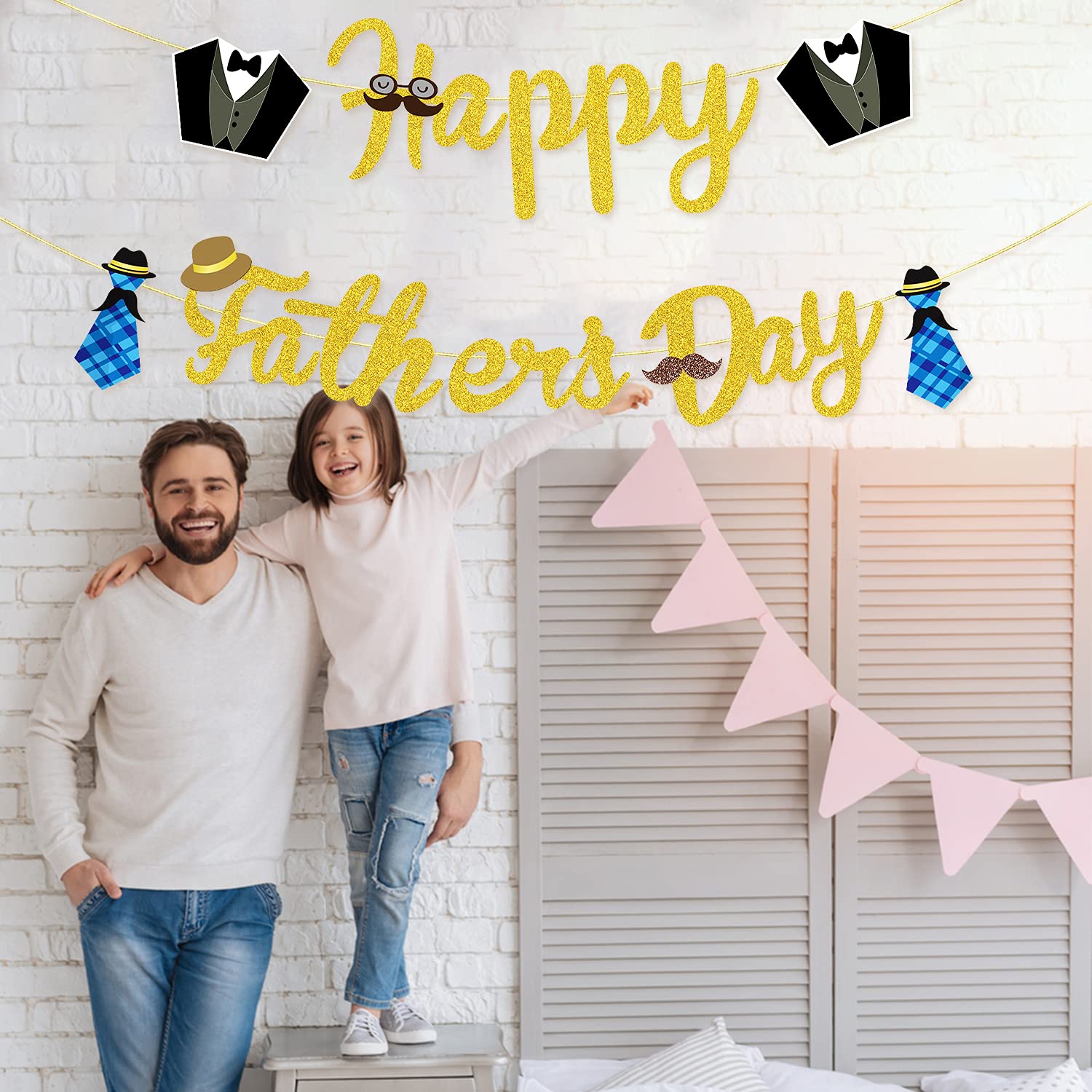 CAVLA Father's Day Banner – Glitzerndes Happy Father’s Day Dekobanner Mit Werkzeug-Motiven, 3 Meter, Schwarz
