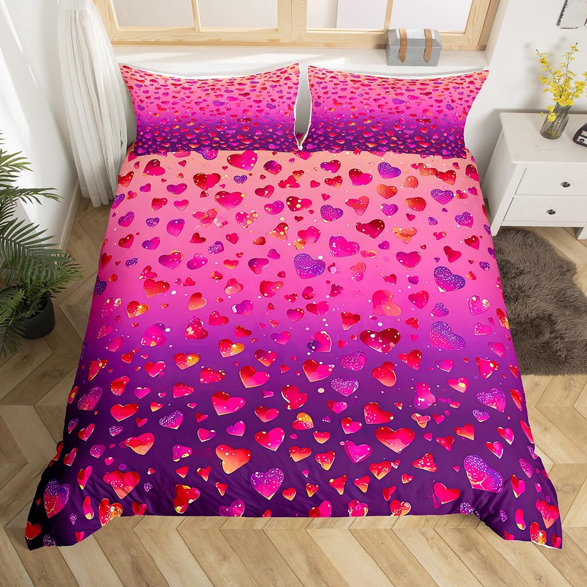 Heart Pattern Bedding Set King Size Heart-Shaped Rose Flower Petal Comforter Cover for Kids Child,Golden Loving Heart Duvet Cover Romantic Floral Quilt Cover Pink Red Purple Gradient Bedroom Decor