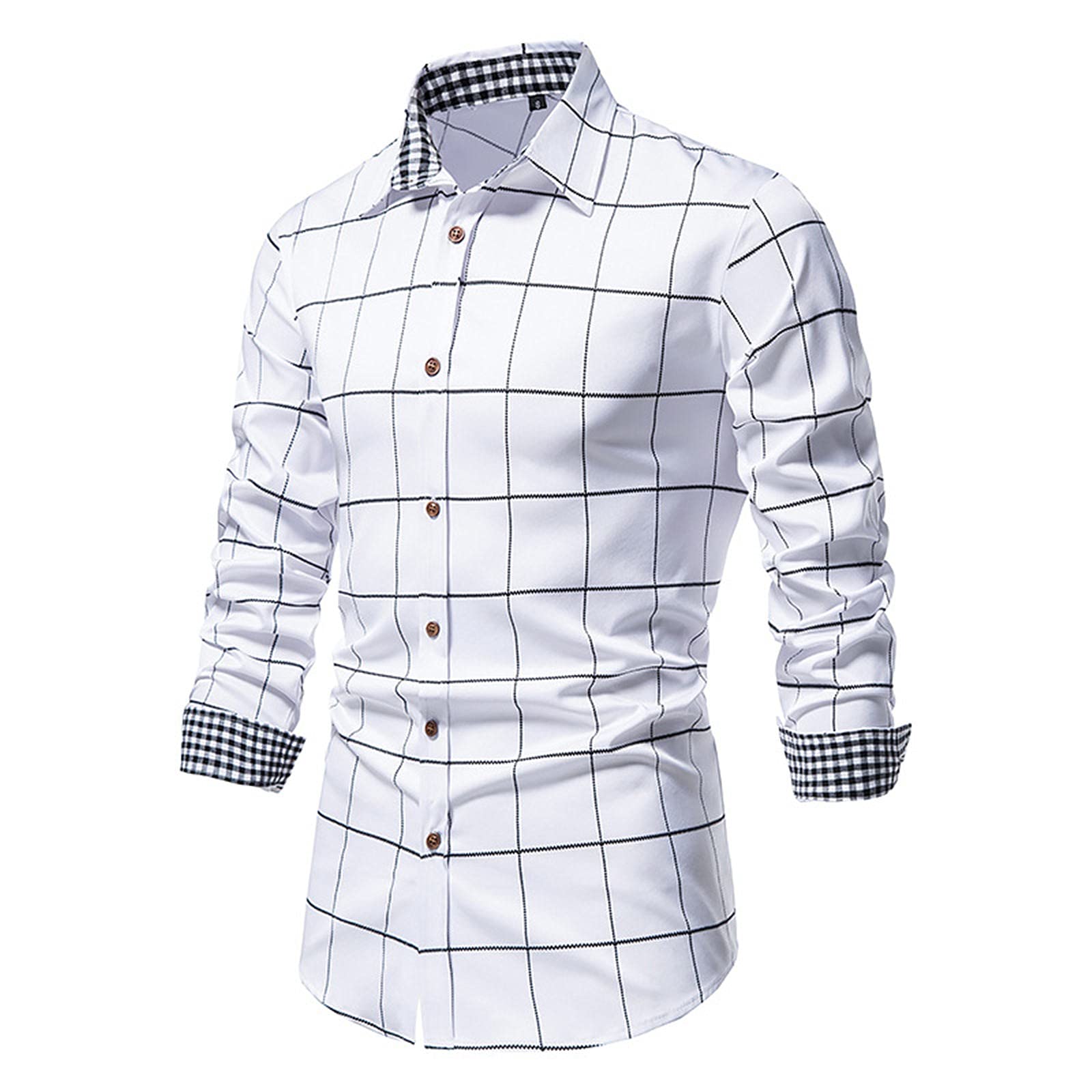 GenericMen's Dress Shirts Long Sleeve Business Regular Fit Wedding Work Shirt S-6xl Plaid Button Down Shirts Slim Fit Short Sleeve Lapel Plaid Print Autumn and Winter Blouses Business Gym T Shirts Men O