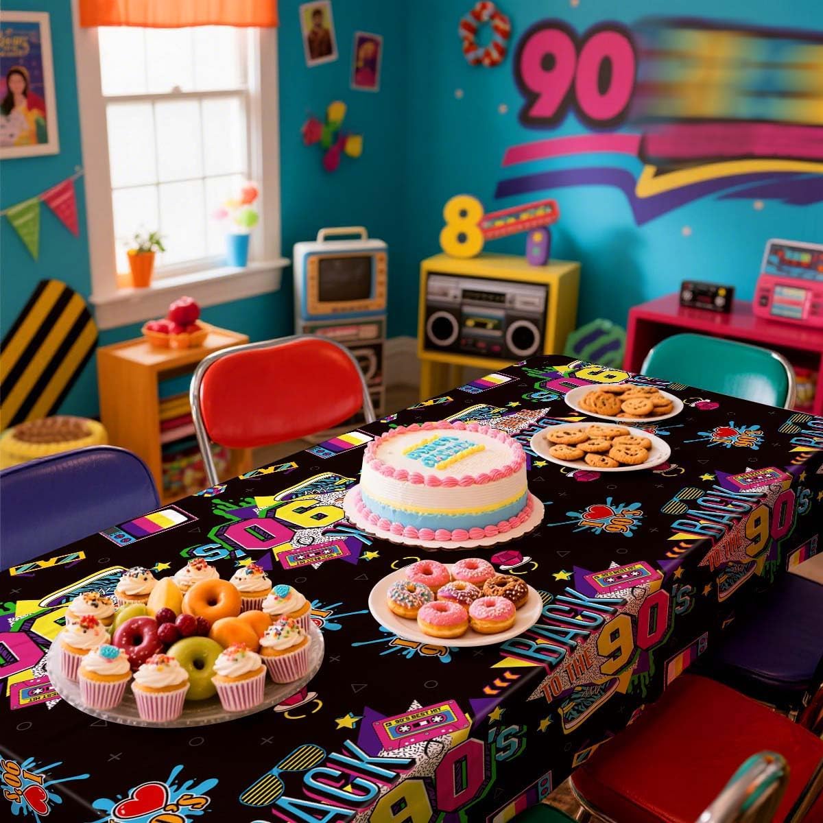 4 Pcs 90s Tablecloths Back to The 90's Birthday Party Table Cover Waterproof Rectangle 90's Tablecloth for 90s Party Decorations Supplies, 52 x 86 in