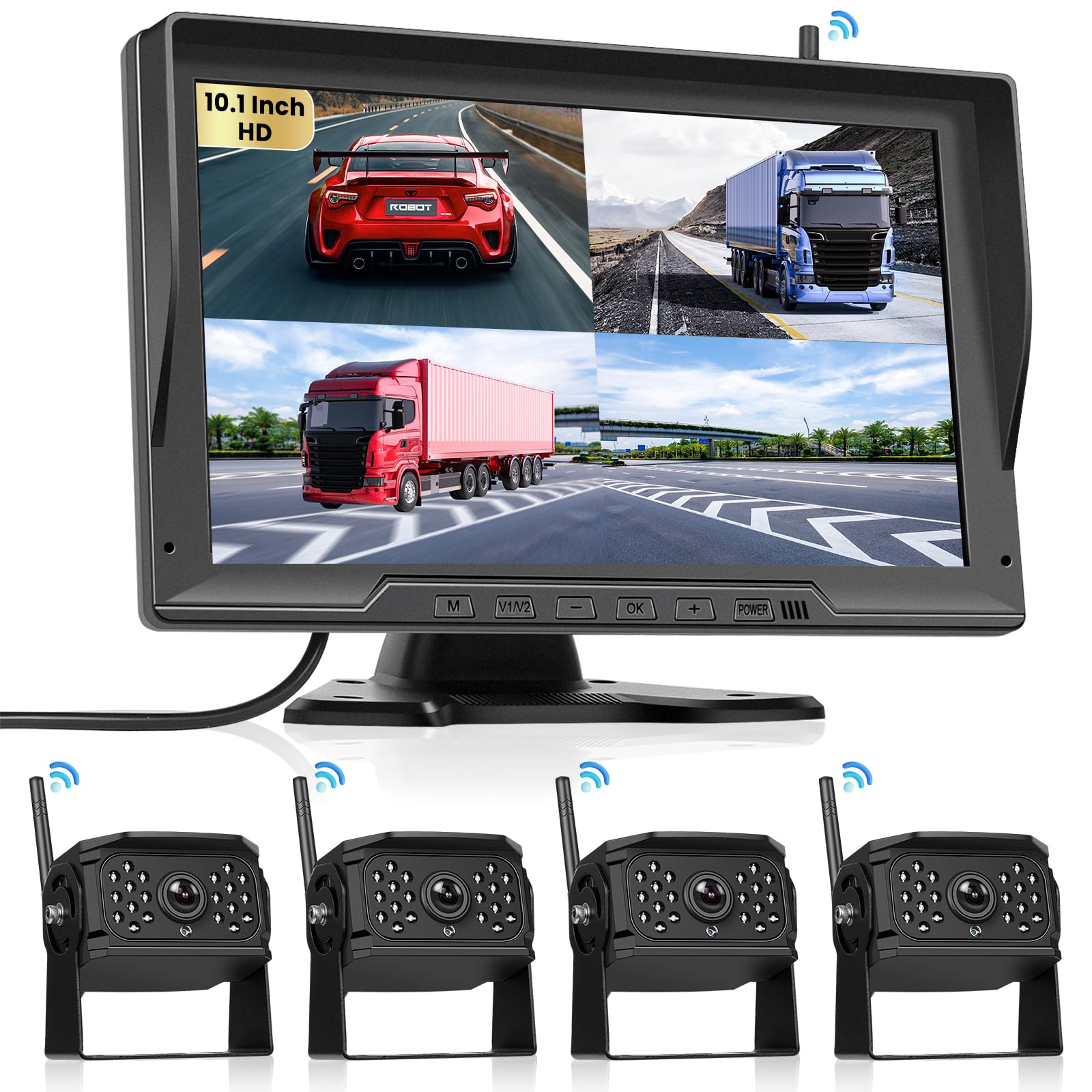 Hodozzy 4 Telecamere Posteriore Digitali Wireless con Monitor IPS da 10,1 Pollici, Supporta BSD,Telecamera Retromarcia Impermeabile IP68, Telecamera DVR 720P per Camper/Camion