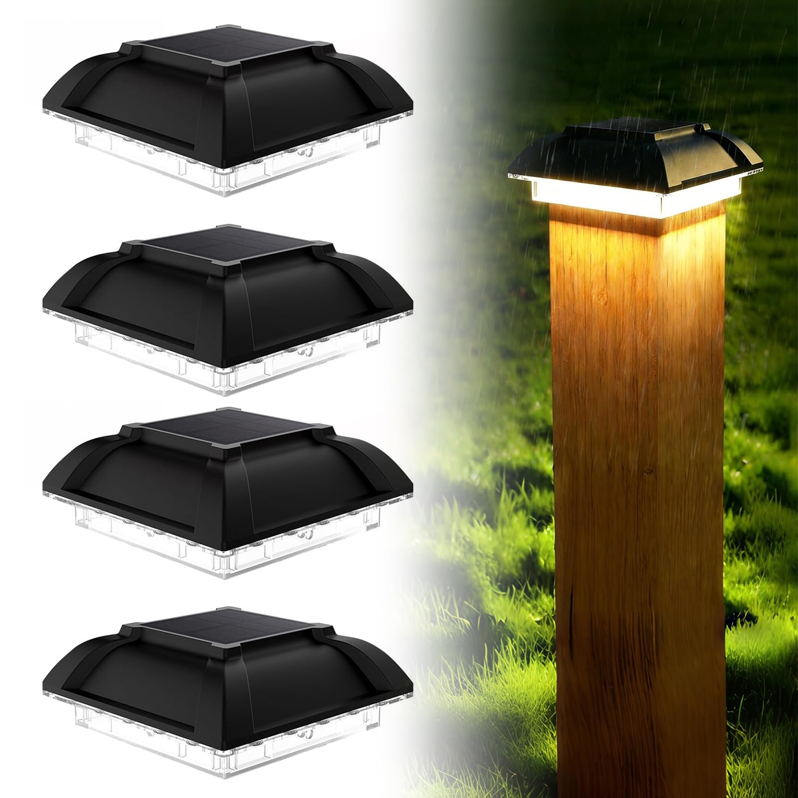 4 Stück Solar Pfostenkappe, Pfostenleuchte Solar, Solar Pfostenkappen, Lampe Solarlampe Außen, Solarzaun Pfostenleuchten, Säulenlampe ür Außen Garten Terrasse Zaun 3.5x3.5 4x4 Zoll Hölzerne Pfäle