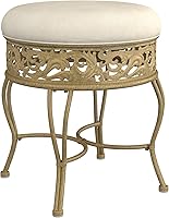 Hillsdale Villa III Backless Vanity Stool - Ornate Lattice Metal Stool, Antique Beige Upholstered Seat for Bedroom Bathroom