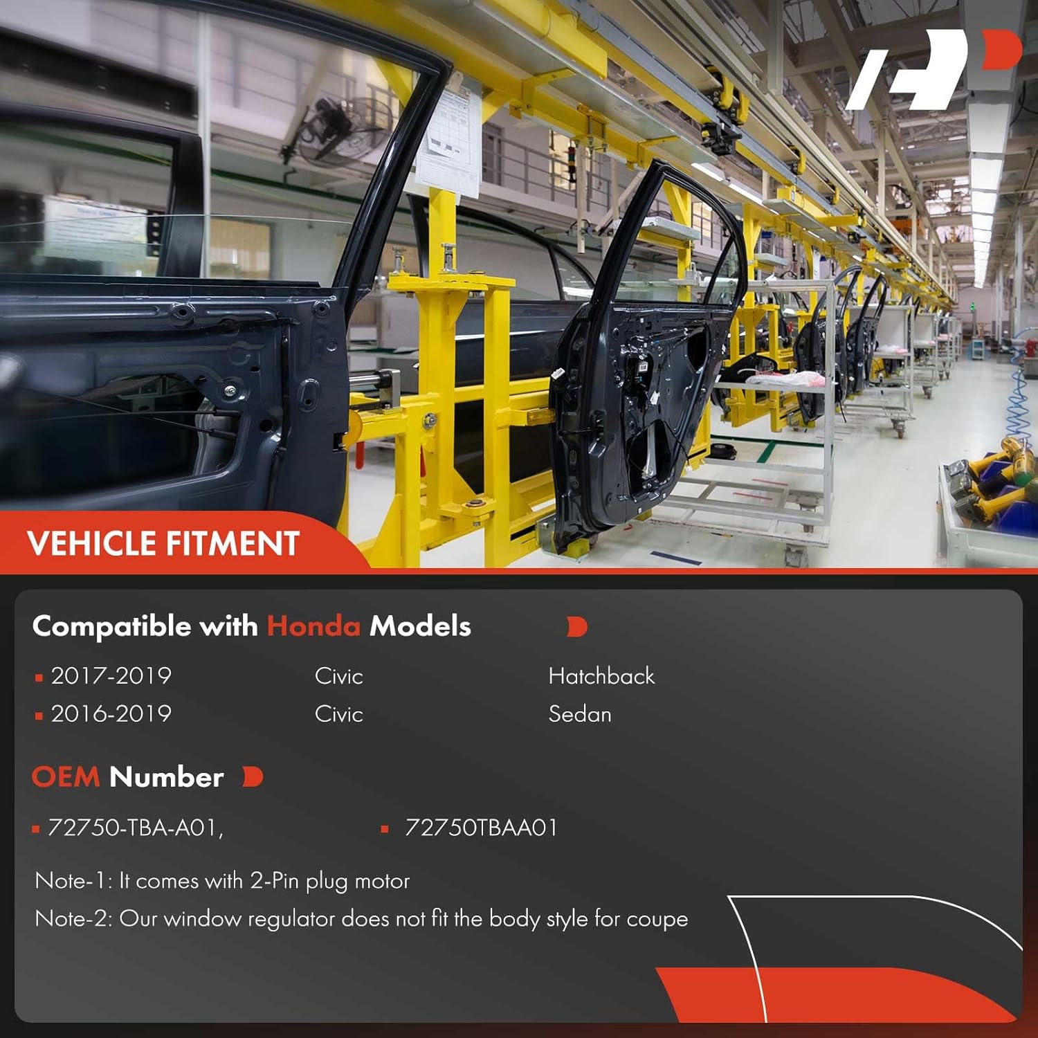 A-Premium Rear Driver Side Power Window Regulator with 2-Pin Plug Motor Compatible with Honda Civic 2016-2019, Hatchback/Sedan Only