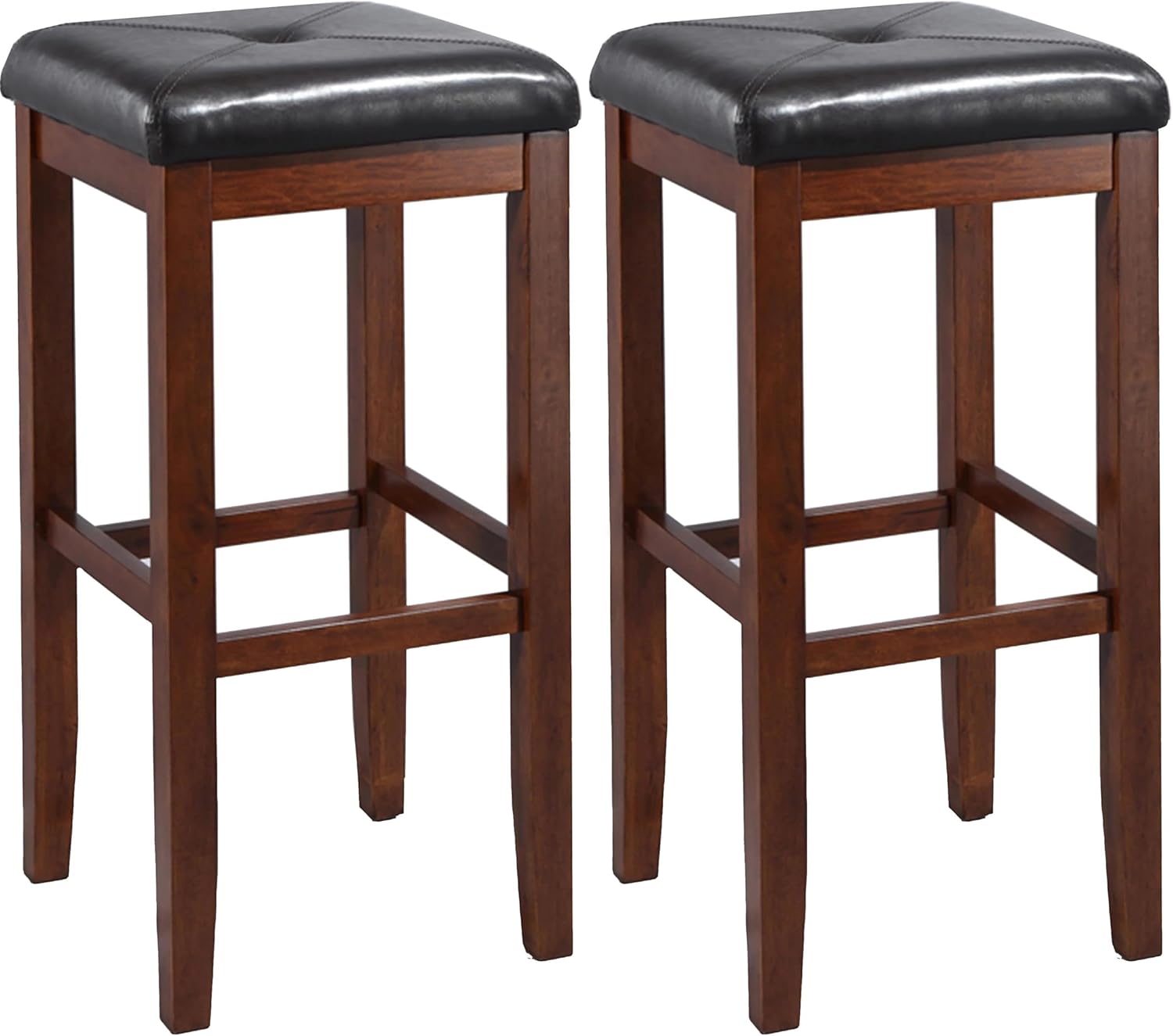 BOWERY HILL 29" Square Bar Stool, Set of 2, Solid Hardwood, Simulated Leather Cushioned Seat, Mahogany Finish, Durable Stain Resistant, Comfortable Design for Bar or Pub Table Seating