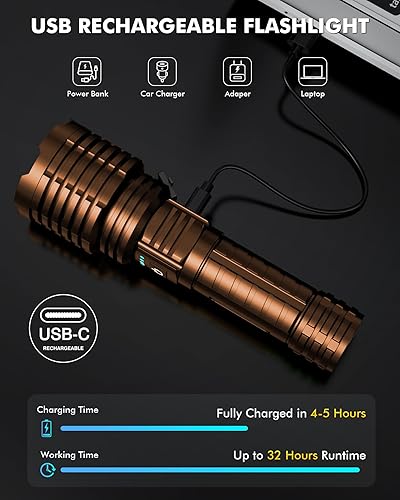 Miniatura 5 de Linterna súper brillante de 5000.000 lúmenes altos, linternas LED recargables alimentadas por batería, linterna táctica impermeable de mano, con