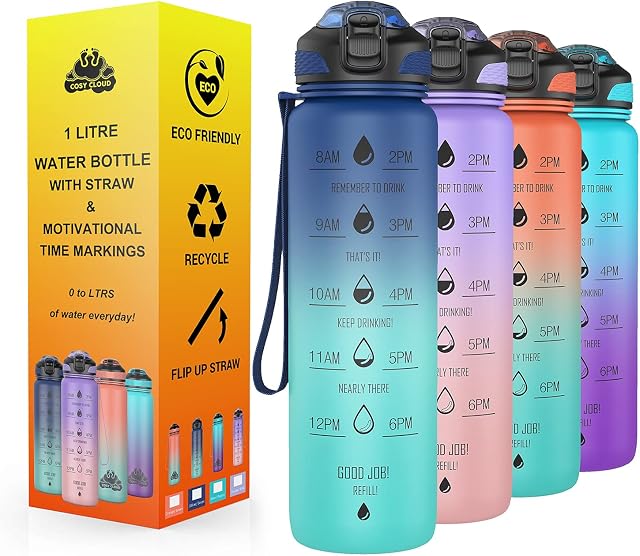 COSY CLOUD Water bottle with straw - Motivational water bottles with times to drink; time markings measurements for Sports Gym Office - BPA free leak proof reusable Tritan plastic 1 litre