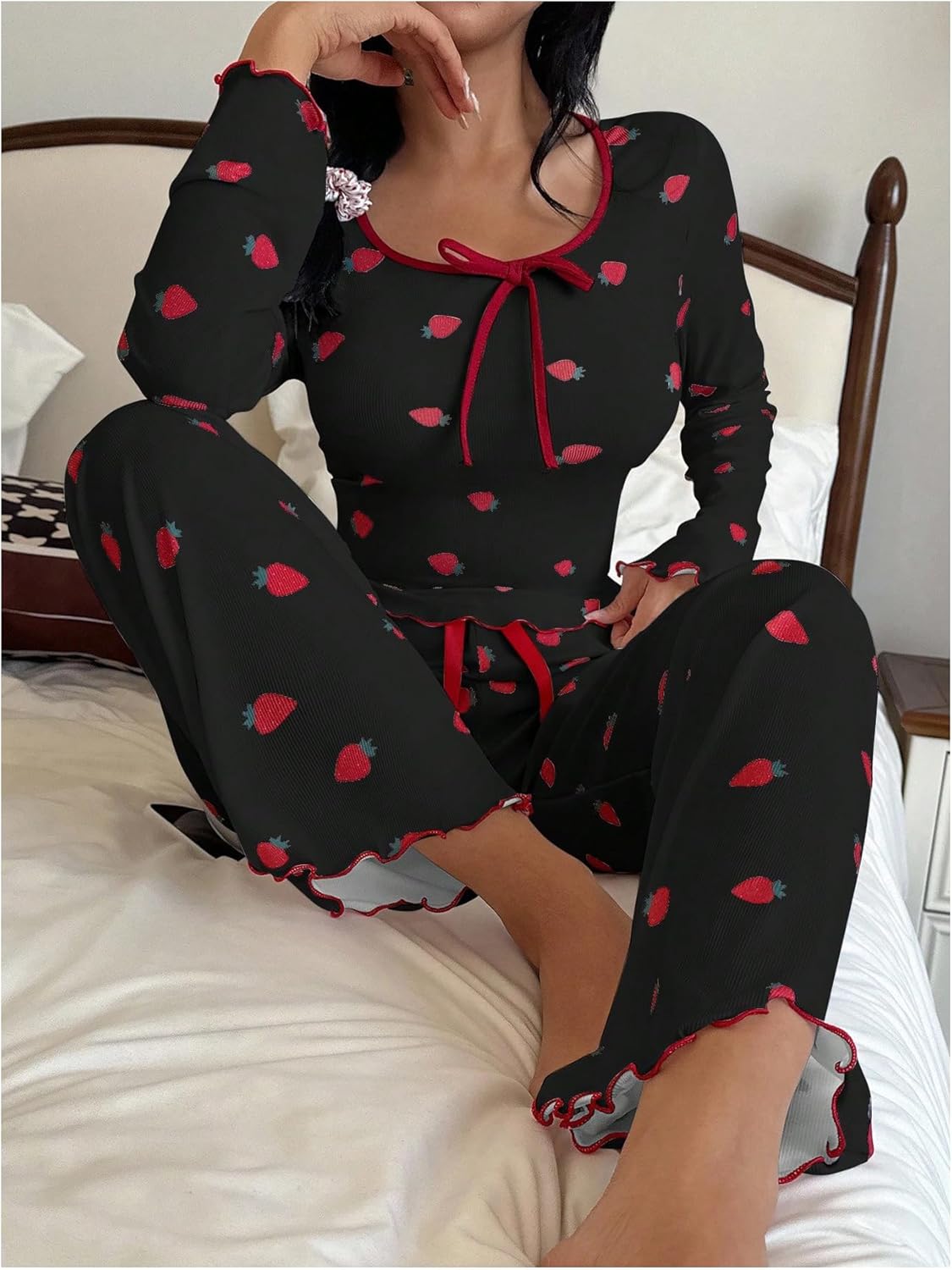SOLY HUX Women's Cute Print Pajamas 2 Piece Bowknot Long Sleeve Top and Pants Sleepwear Pjs Sets - Image 4