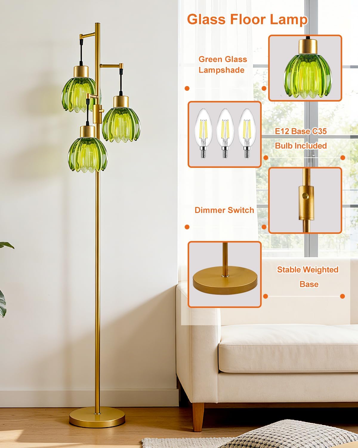 Lightdot 65'' Glass Floor Lamp Dimmable Gold Floor Lamps with Green Lotus Glass Shade& 3000K Bulbs Included 3-Lights Modern Tall Standing Lamp for Living Room/Bedroom/Sofa Beside/Corner Decor