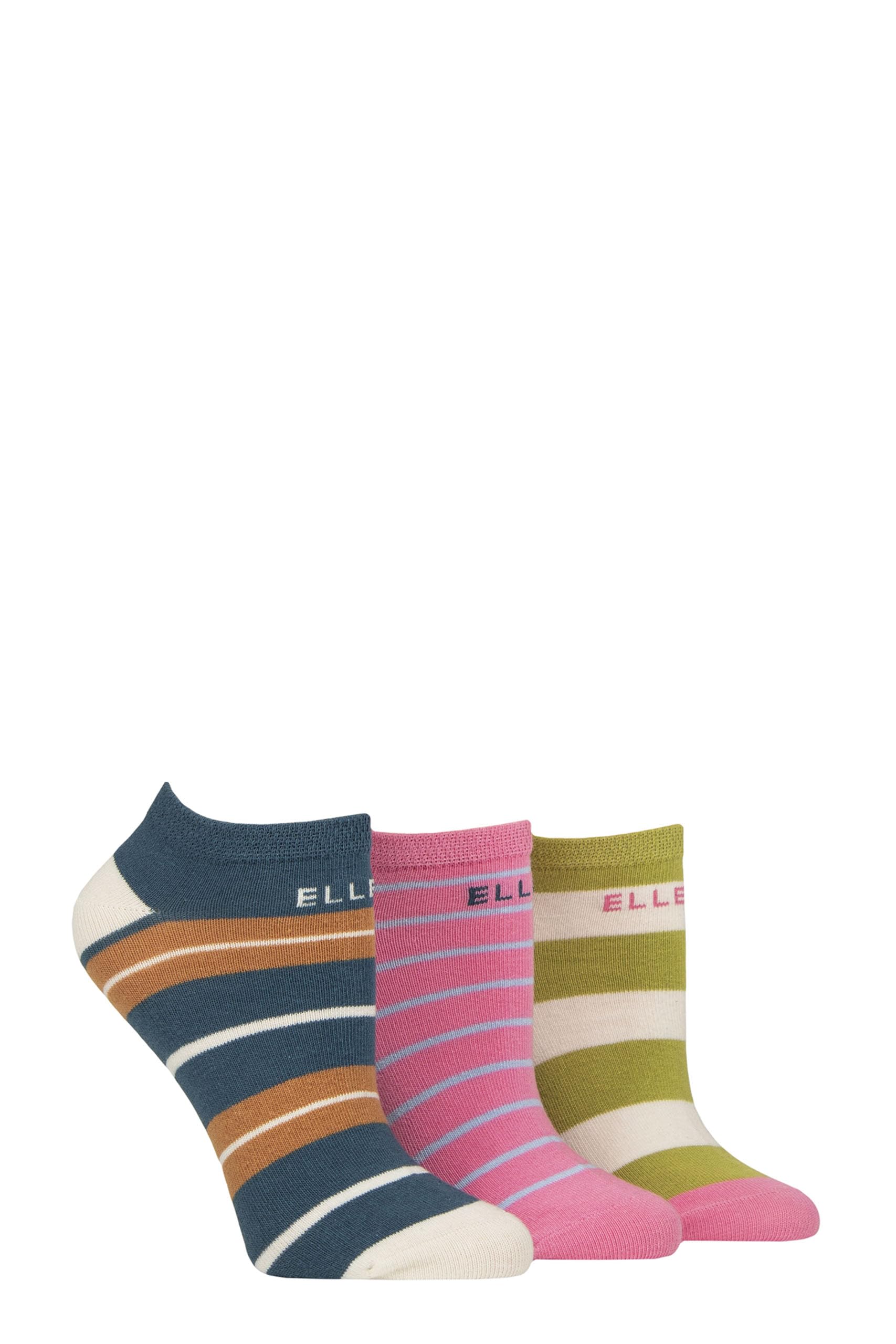 Elle Ladies No-Show Socks - Soft Cotton in Plain, Stripe and Patterned Styles Multipack of 3 Size 4-8 (UK, Numeric, 4, 8, Regular, Regular, Coastal Joy Striped)