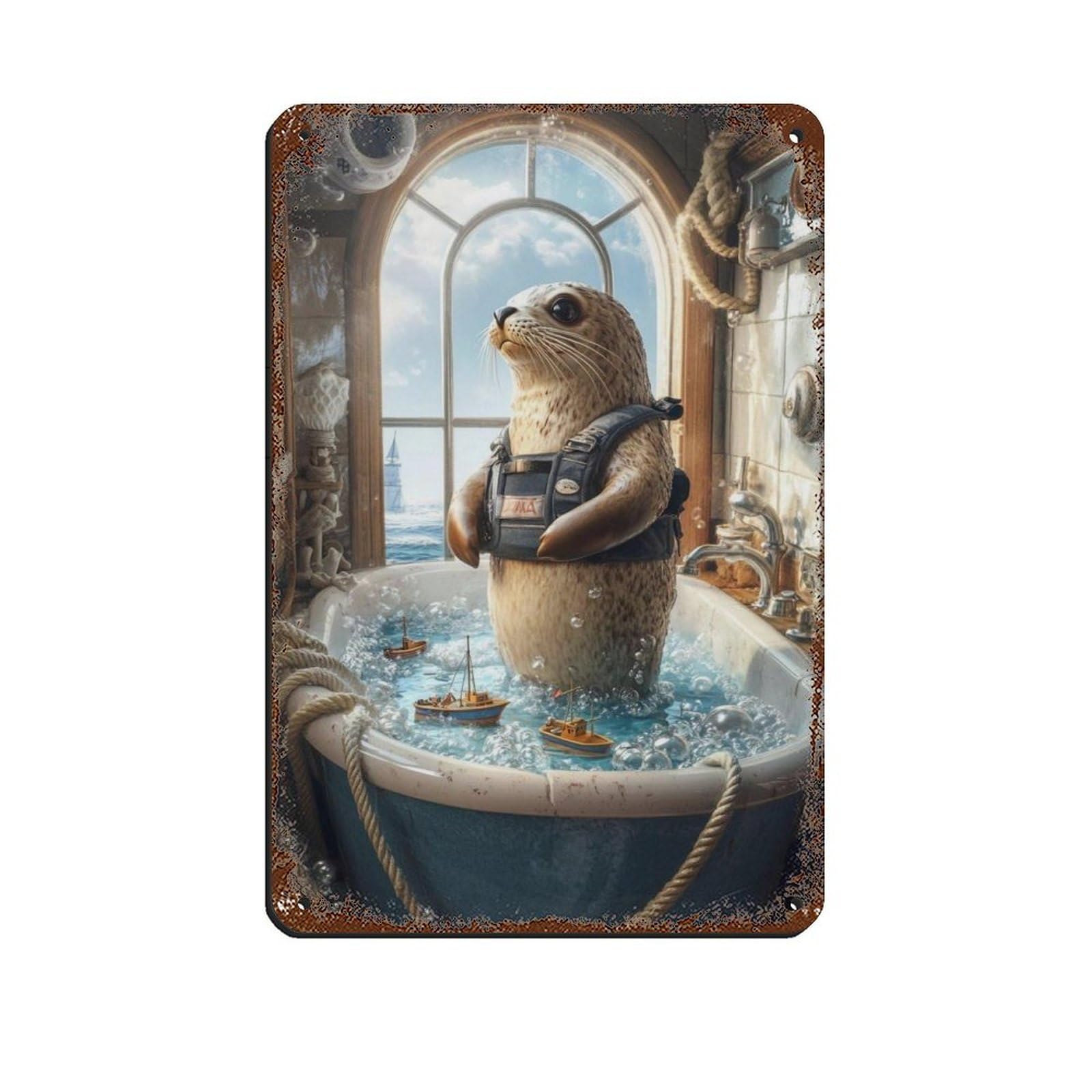 Adorable Ocean-themed,Cute Seal in Bathtub Tin Sign Vintage Metal Pub Club Cafe Bar Home Wall Art Decoration Poster Retro 8x12inch(20x30cm)