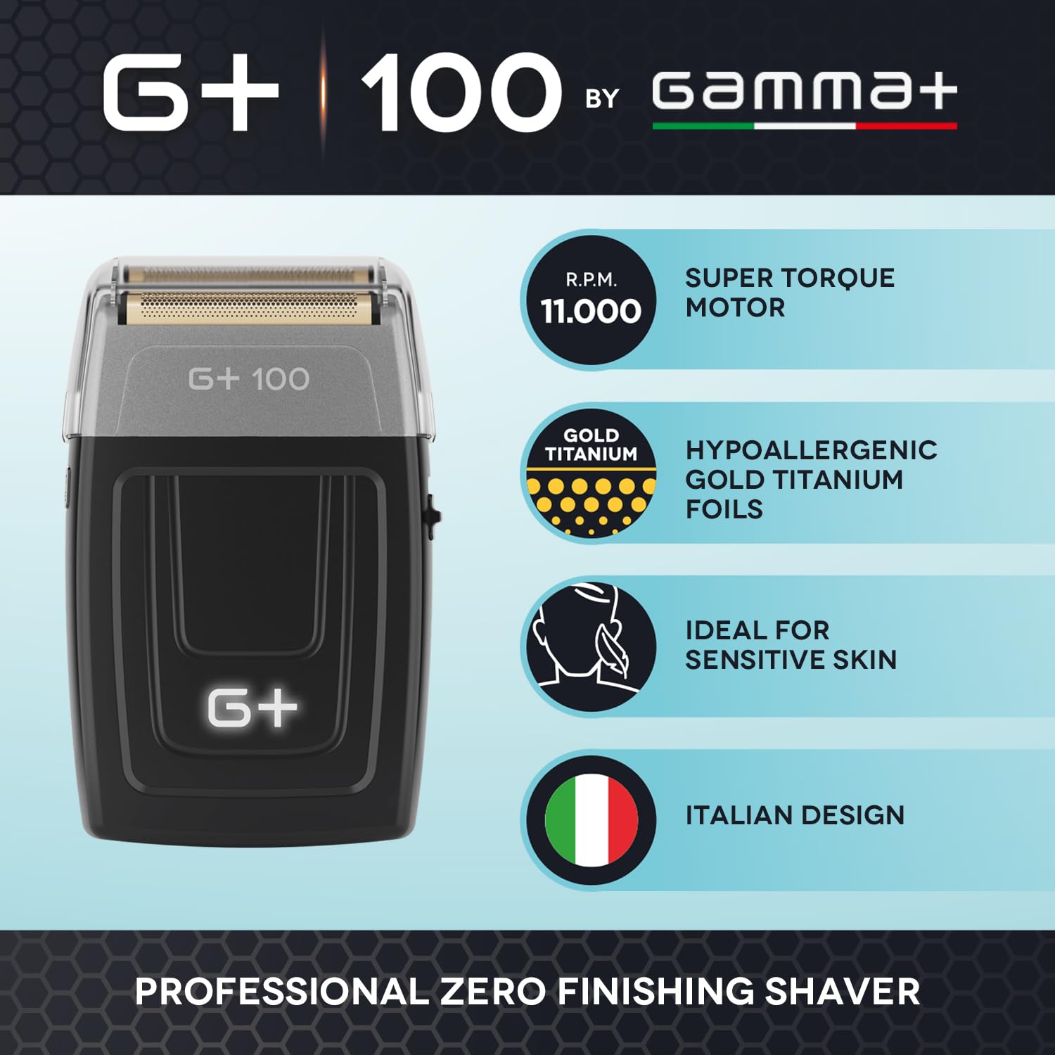 GAMMA+ Rasoio Elettrico Professionale Barba G+100 | Rasatura Ultra Precisa Effetto Pelle Liscia | Motore 11.000 RPM | Lamine Gold Titanium Ipoallergeniche | USB-C Ricarica Rapida | Foil Shaver