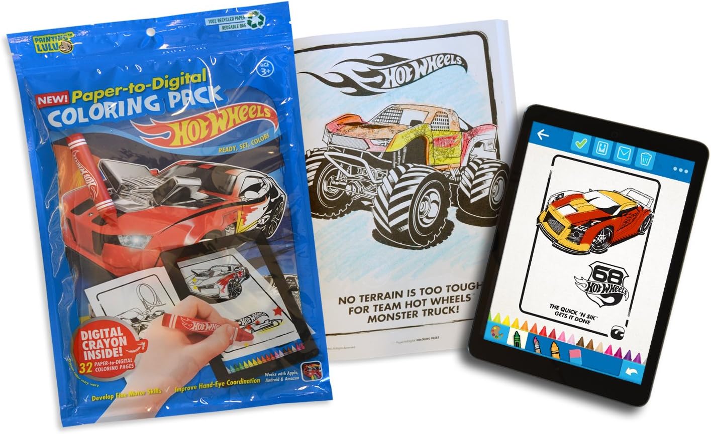 Hot Wheels Coloring Book Pack - 32 Paper-to-Digital Coloring Pages With Digital Crayon Stylus & Coloring App
