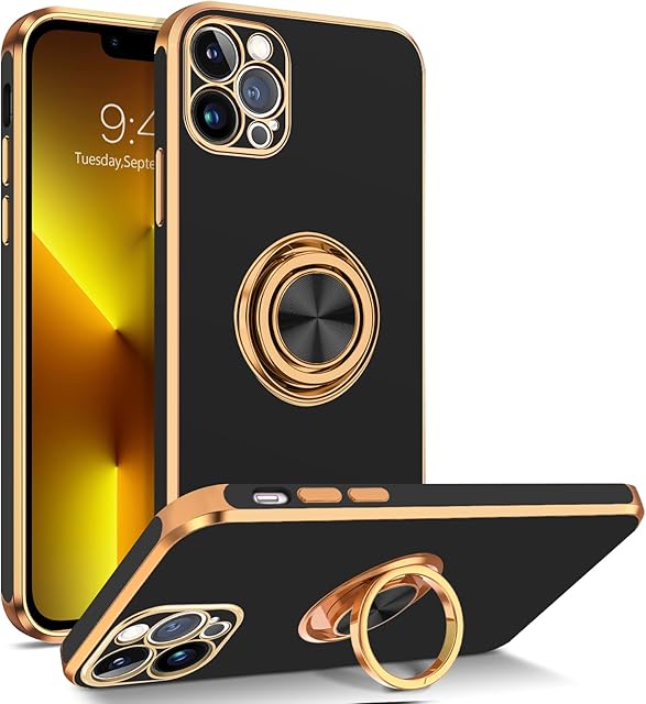 BENTOBEN iPhone 13 Pro Max Case with Ring, Phone case for iPhone 13 Pro Max, Holder Gold Edge Rotation Kickstand Soft Silicone TPU Bumper Slim Flexible Shockproof Protective Cover for iPhone 13 ProMax