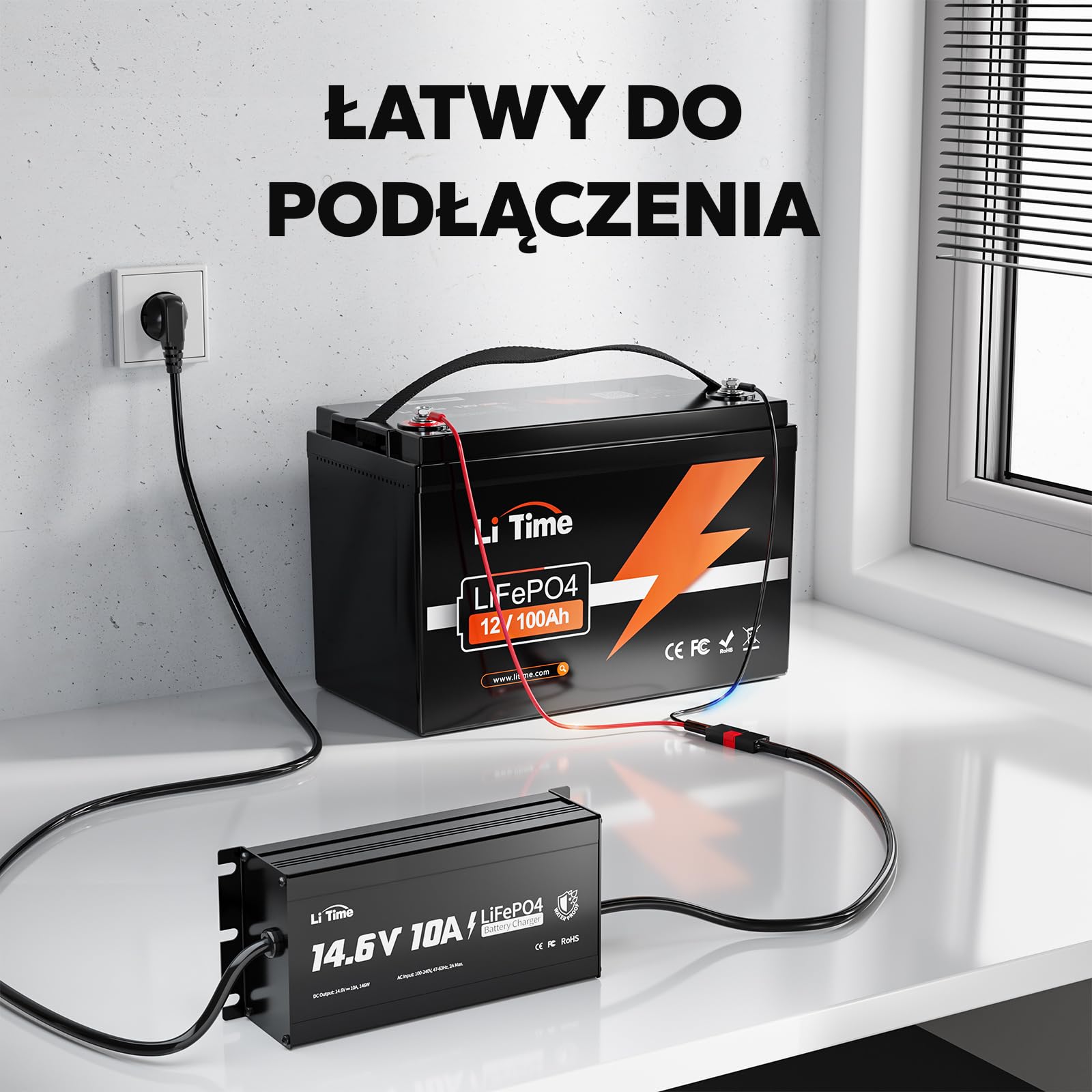 LiTime 14,6V 10A Ładowarka Pokładowa do Akumulatorów Litowo-jonowych IP67, 4-krotna Ochrona, Lepsza Wydajność ładowania, Wydłużona żywotność Akumulatorów Litowo-jonowych, do Użytku Zewnątrz Morzu