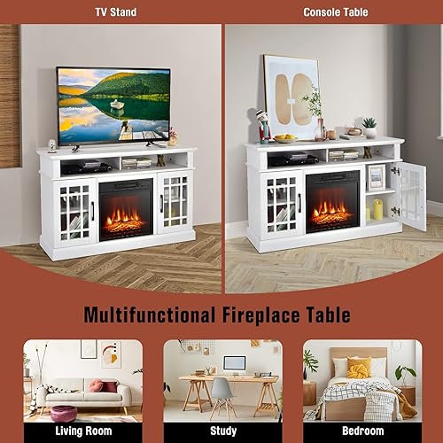 Miniatura 8 de GOFLAME Soporte de TV con chimenea para TV de hasta 55 pulgadas, centro de entretenimiento de madera independiente con chimenea eléctrica de 18