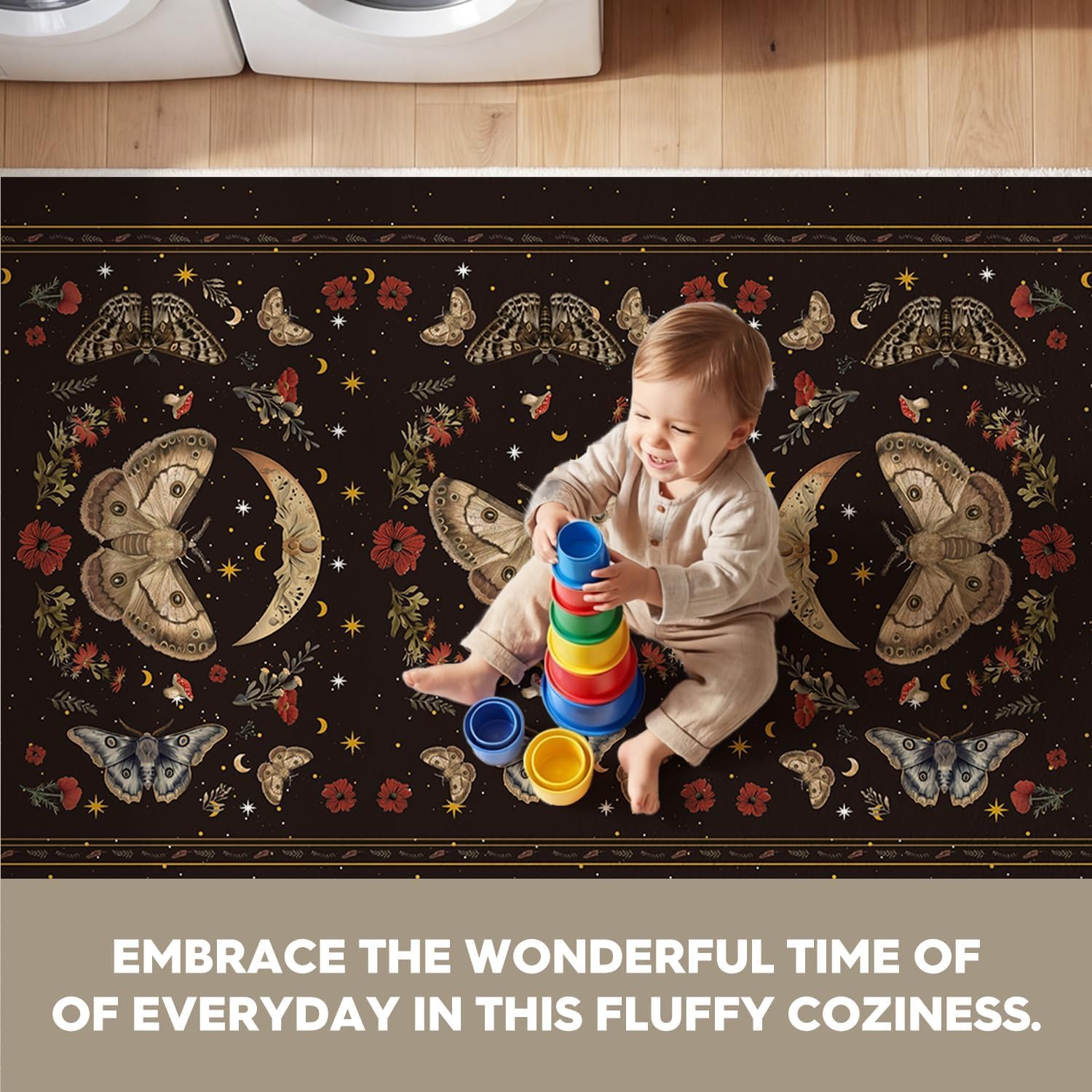 Artoid Mode Black Poppy Moth Mushroom Moon Runner Rug, Fall Home Decor Low-Profile Non-Slip Washable Carpet Runner for Hallways Kitchen Laundry Bedroom Bathroom Indoor 2x6 Feet