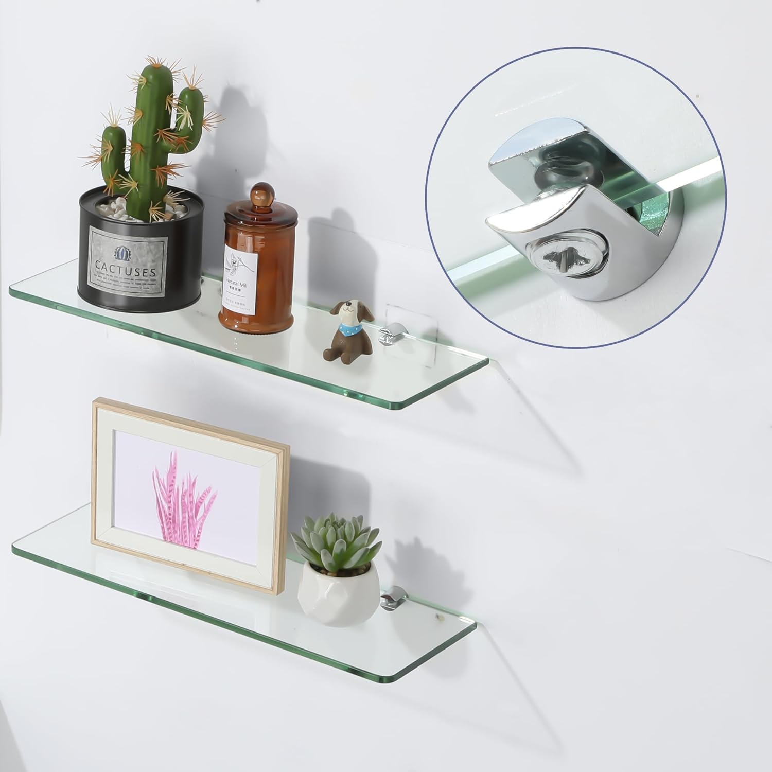 Mooche 4Pcs Glass Shelf Brackets, Heavy Duty Wall Mount Adjustable Zinc Alloy Clamp Holder for Wood Shelves, Polished Chrome (for 10-12mm Glass)
