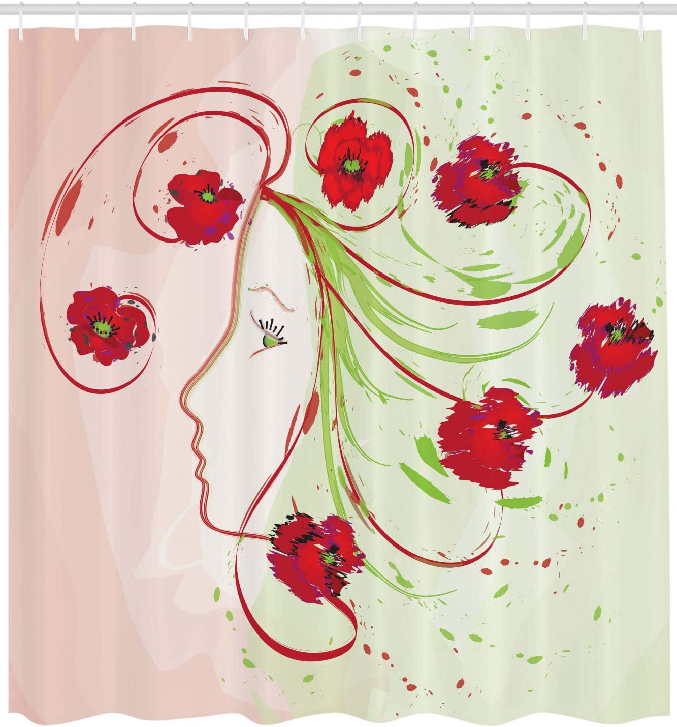 Ambesonne Watercolor Flower Shower Curtain, Girl Profile Poppies Floral Hair Watercolor Effect Design Print, Cloth Fabric Bathroom Decor Set with Hooks, 69" W x 70" L, Green Red