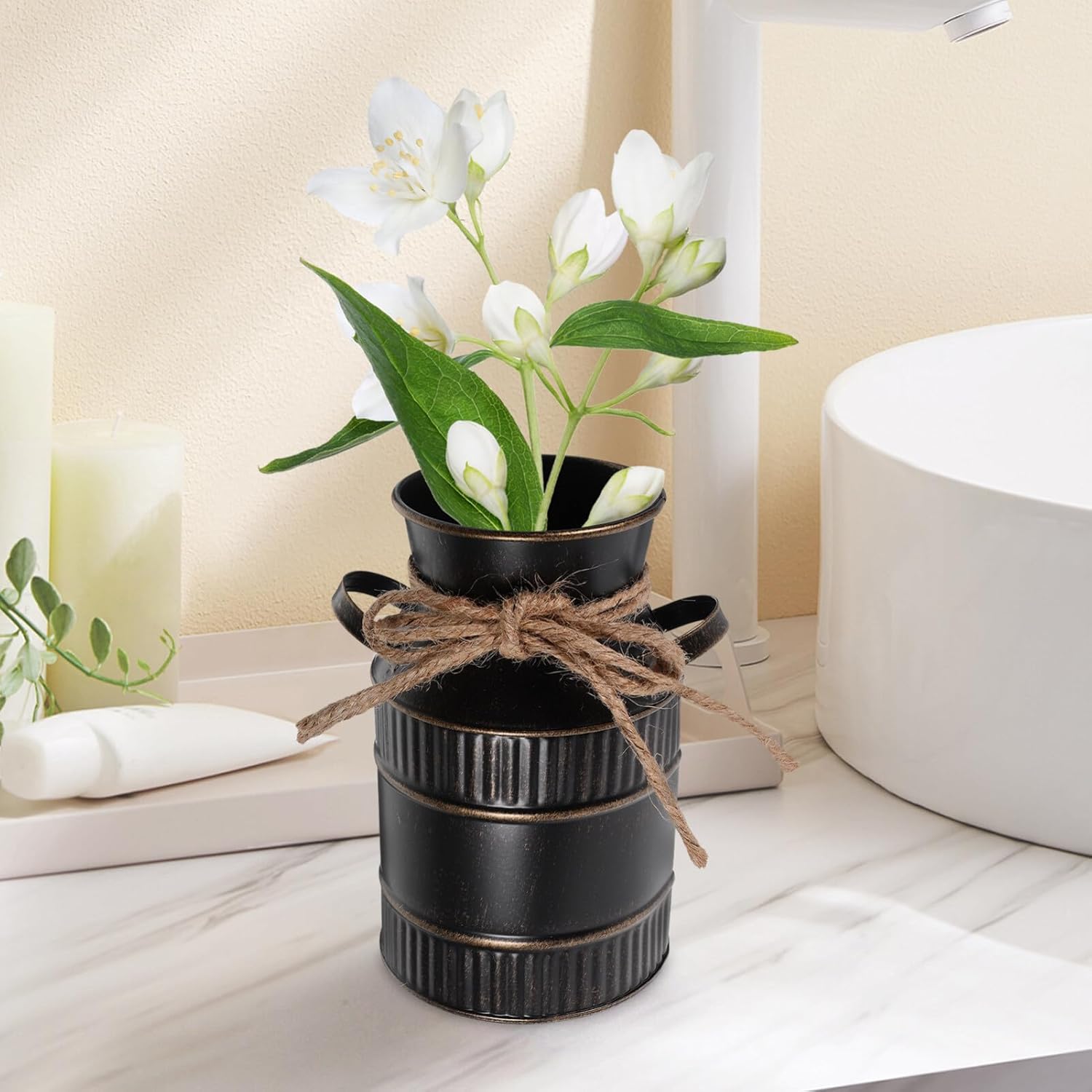 Luxshiny Vintage Vase Retro Milk Jug Style Tall Metal Flower Pitcher with Handle Rustic Flower Bucket for Home Office Table Decoration