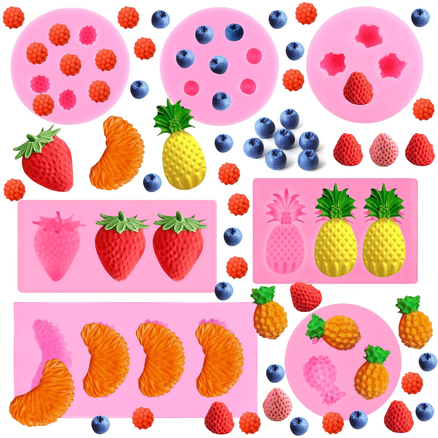 7 Pcs Fruit Fondant Candle Molds FAURAPMNG Silicone Snack Mold Chocolate Gummy Food Molds with Orange Strawberry Pineapple 3D Mulberry Blueberry Shapes for Jelly Cupcake Topper Candle Decor