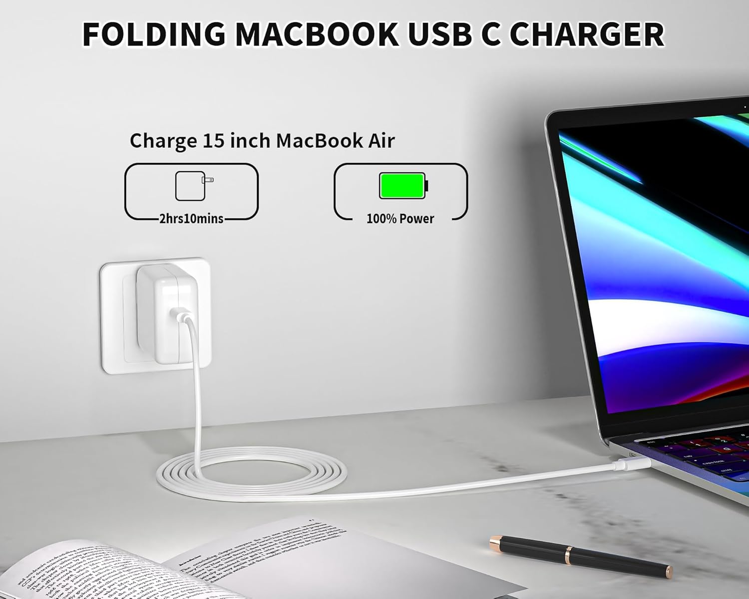 Mac Book Pro Charger - 45W USB C Fast Charger Power Adapter for USB C Port MacBook Air 13 15 inch /MacBook Pro 14 16 inch, iPhone 17/ 16/ 15, iPad Pro, and All USBC Devices, 6FT Type-C Cable Included