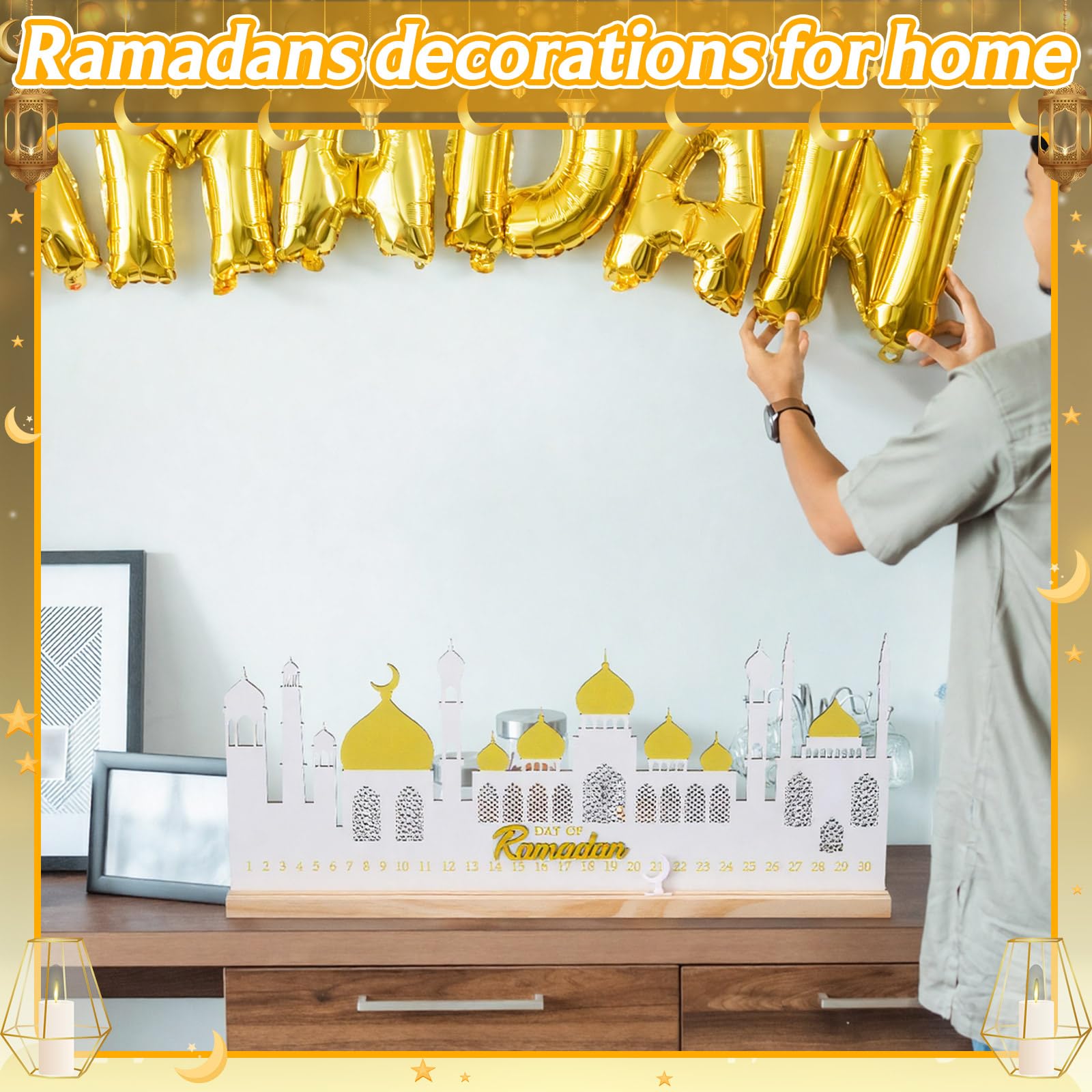 Cinnvoice Ramadan-Kalender, Dekoration für Zuhause, islamische Tischdekoration, Ramadan-Adventskalender, Countdown-Kalender, Holz, Eid-Countdown-Geschenk, wiederverwendbar, Mubarak, Tischdekoration
