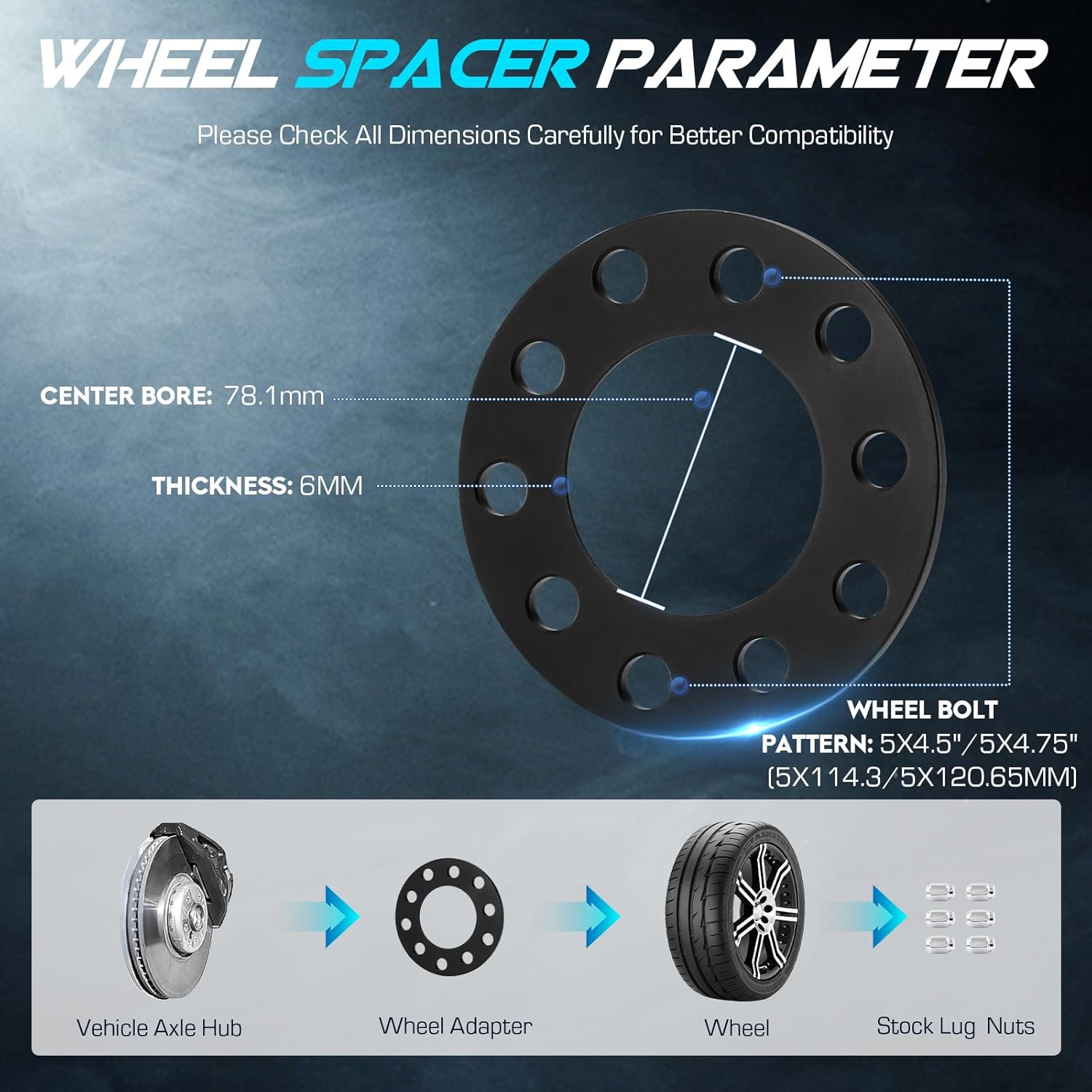 5x114.3mm Wheel Adapters 1/4" (6mm) w/ 78.1mm Bore fits Jeep Cherokee Wrangler Liberty, 5x4.5 5x4.75 Wheel Spacers for Ford Mustang Explorer Ranger Galaxie 500 Crown Victoria 4PCs