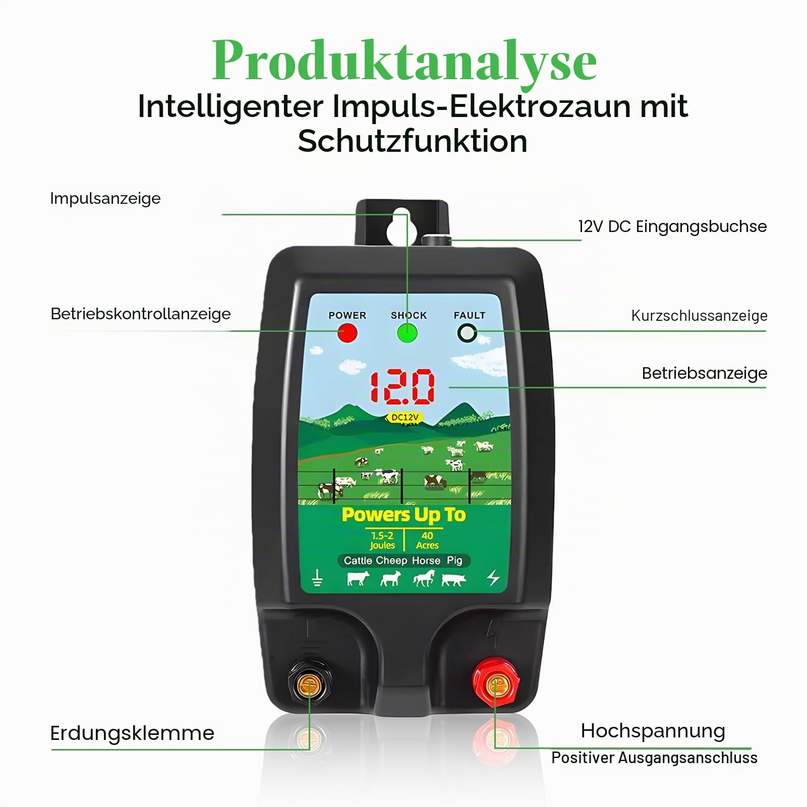 Weidezaungerät 12V mit LED Anzeige, Wasserdicht Elektrischer Weidezaun 10Km Reichweite 1,5-2 Joule Wasserdicht Elektrozaungerät für Schutz von Nutztieren, Haustieren, Geflügel, Hausweide, Gärten