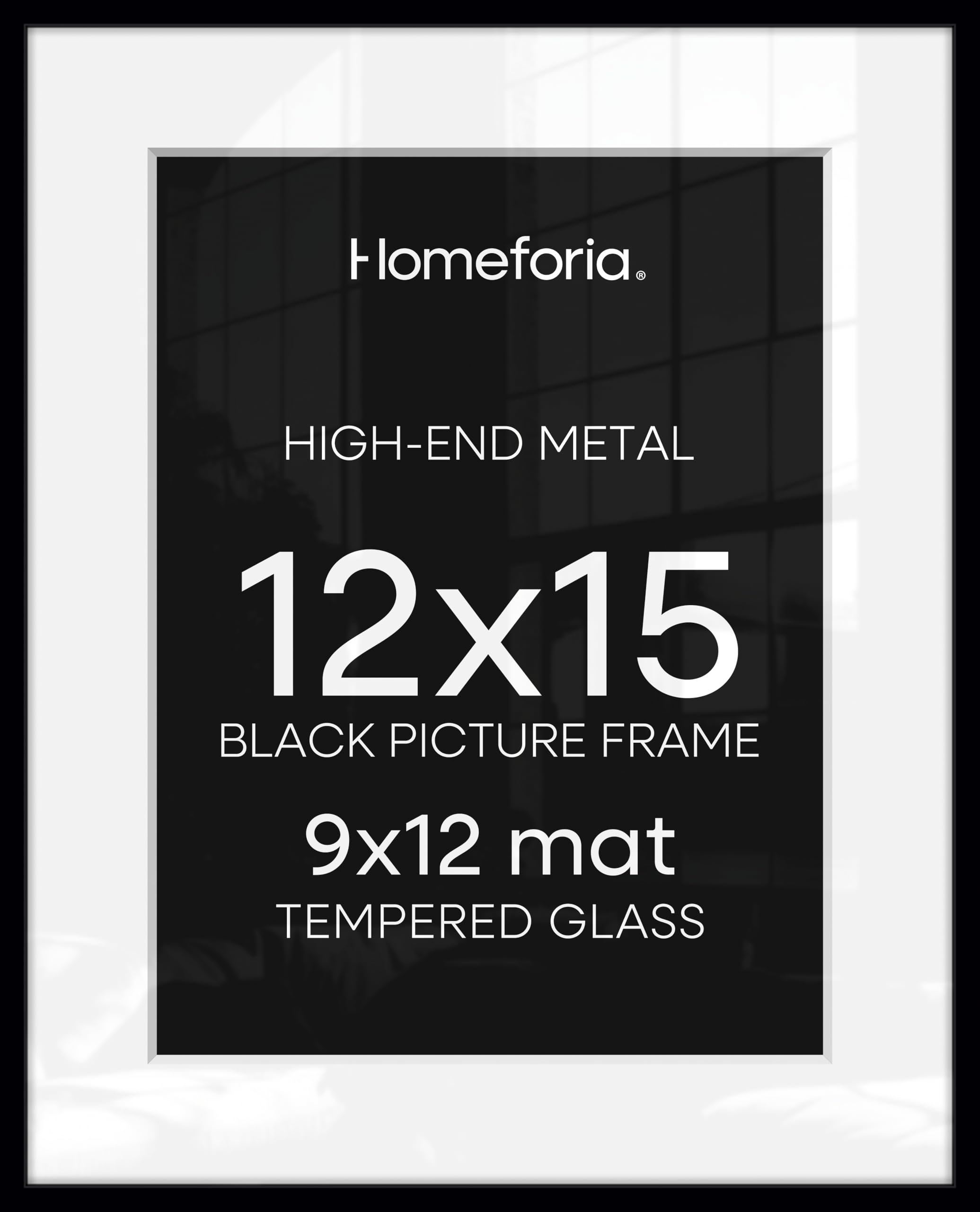 Homeforia 12x15 Black Picture Frame, High-End Metal, 9x12 Mat, Glass | High End Aluminum, Tempered Glass, Acid-Free 9x12 Removable Mat, 12x15 in Edge-to-Edge Display 15x12, Wall Kit, Set Of 2