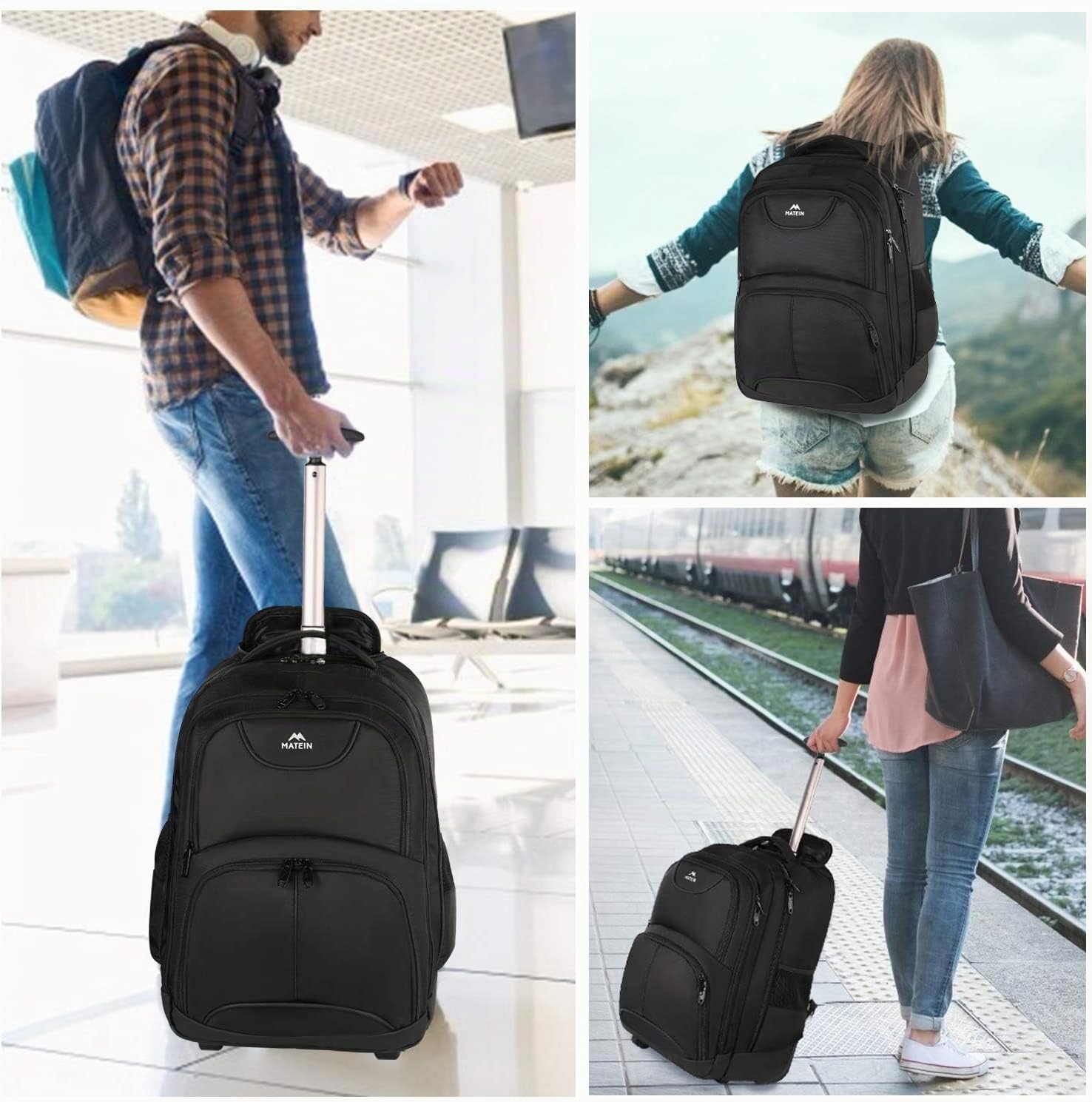 MATEIN Trolley Handgepäck Rucksack, Business Trolley Koffer Groß, Rucksack Mit Rollen 18 Zoll Reisetasch, Pilotenkoffer Reiserucksack für Flugzeug Arbeit Reisen, Schwarz